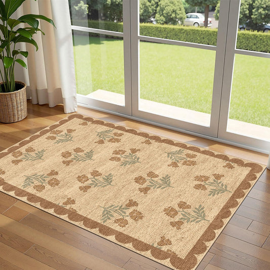 Othilic 3x5 Floral Entry Rug - Small Washable Indoor Outdoor Mats for Front Door Non-Slip Jute-Look Porch Rug Boho Tan Scalloped Throw Rugs for Living Room Bedroom Entryway Kitchen Office Porch Decor