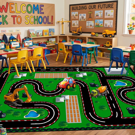 CRJMKS Non Slip Car Carpet for Kids Racing Road Car Playroom Mat, 2x3ft,Large Machine Washable Green Race Car Track Rug for Boy's Bedroom-Classroom Home Decor Soft Area Rugs