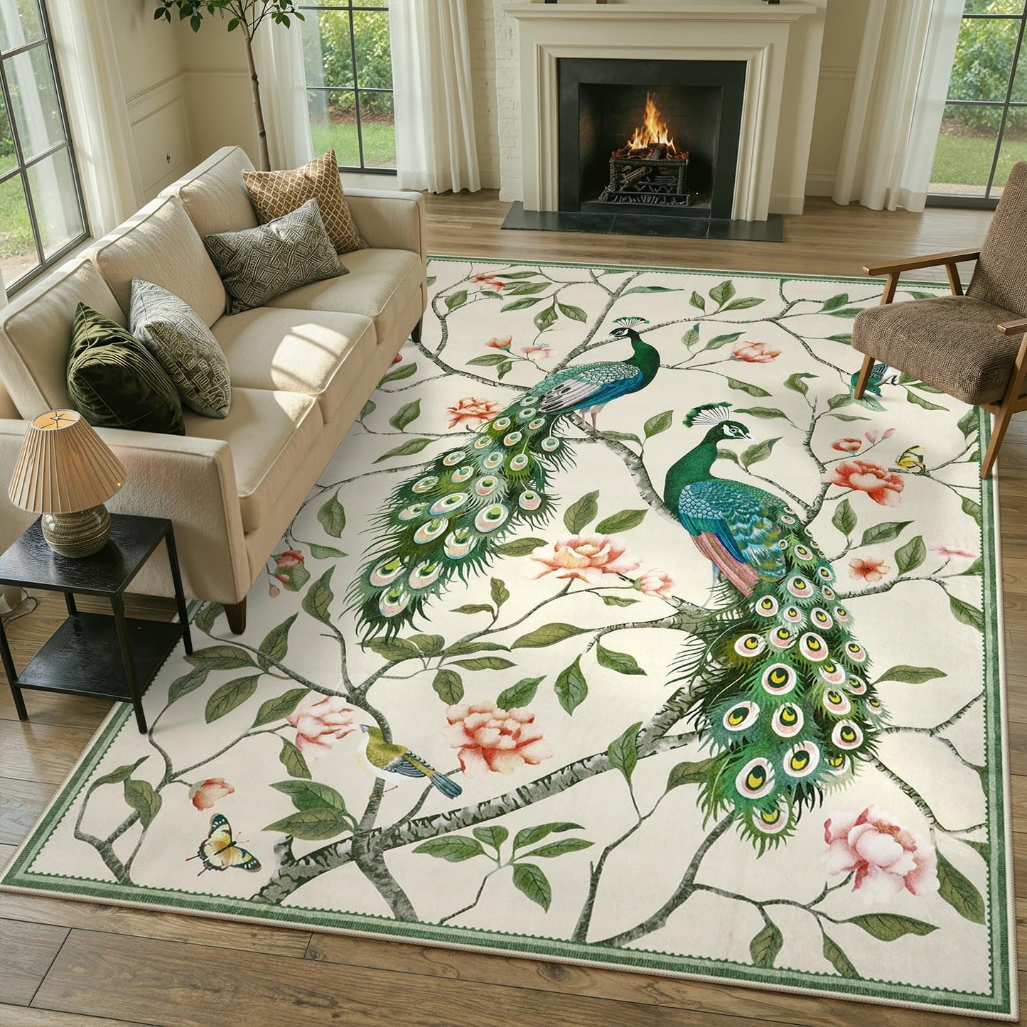 Anidaroel Whimsical Peacock Feathers Area Rug, 8x10 Washable Rugs for Living Room Eclectic Bird Carpet, Soft Large Bedroom Rug Stain-Resistant Dining Room Floor Carpet for Study Home, Beige