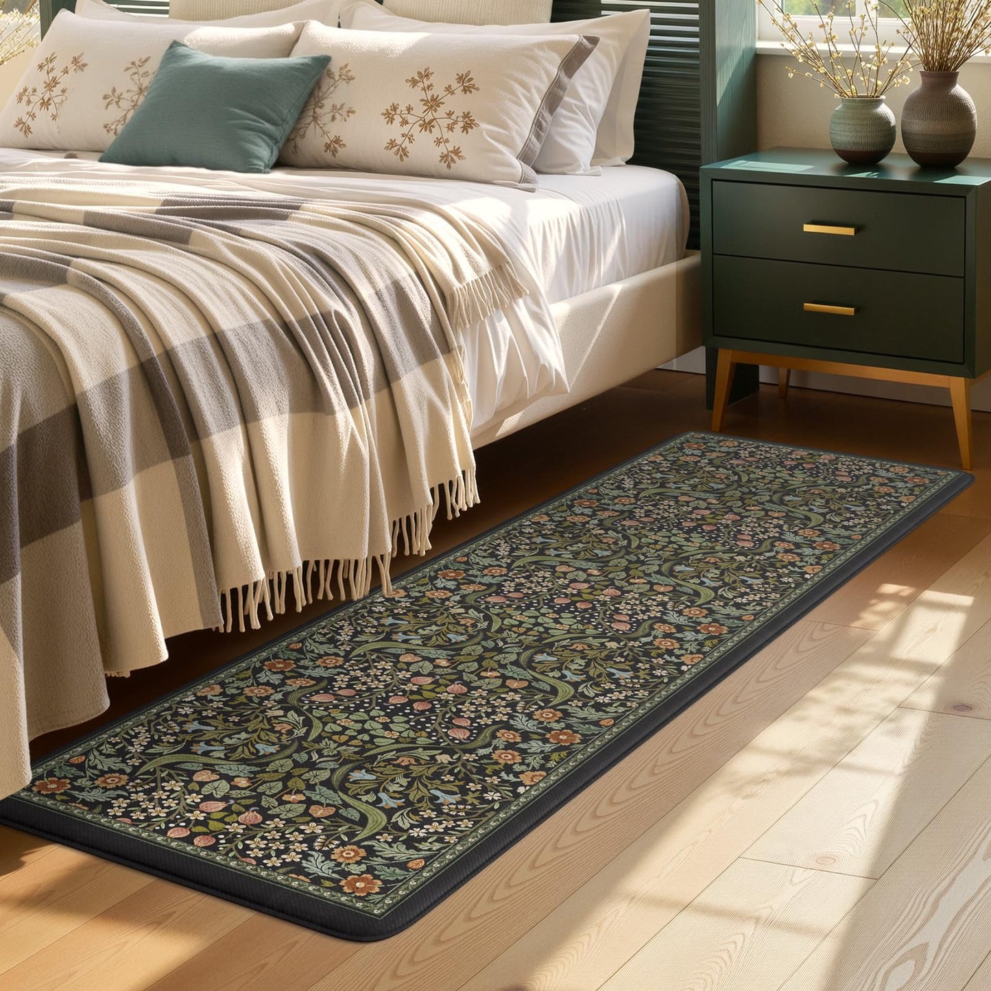 Collive Kitchen Mats for Floor, Cushioned Anti Fatigue Mat Black Floral Rugs Non Skid Waterproof Sink Rug, Memory Foam Comfort Standing Mat for Office, Laundry, Desk, 24''x71''