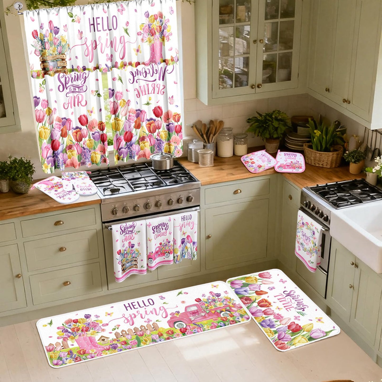 13 Pcs Hello Spring Kitchen Decor Set 3 Floral Kitchen Curtains Valance 2 Tulip Rugs and Mats 4 Spring Hand Towels 2 Paste Pot Holders 2 Oven Mitts for Home Decor Cooking Grilling Housewarming Gift