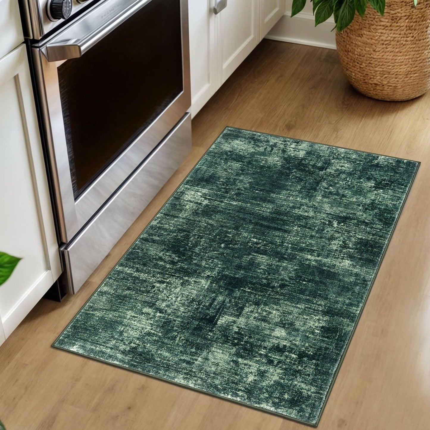 IOHOUZE Small Abstract Area Rug 2x3 Ft Entryway Rugs Washable Door Mat Indoor Entrance, Rubber Backed Throw Rugs, Printed Faux Wool Non Slip Floor Carpet for Foyer Front Door Sink, Dark Green