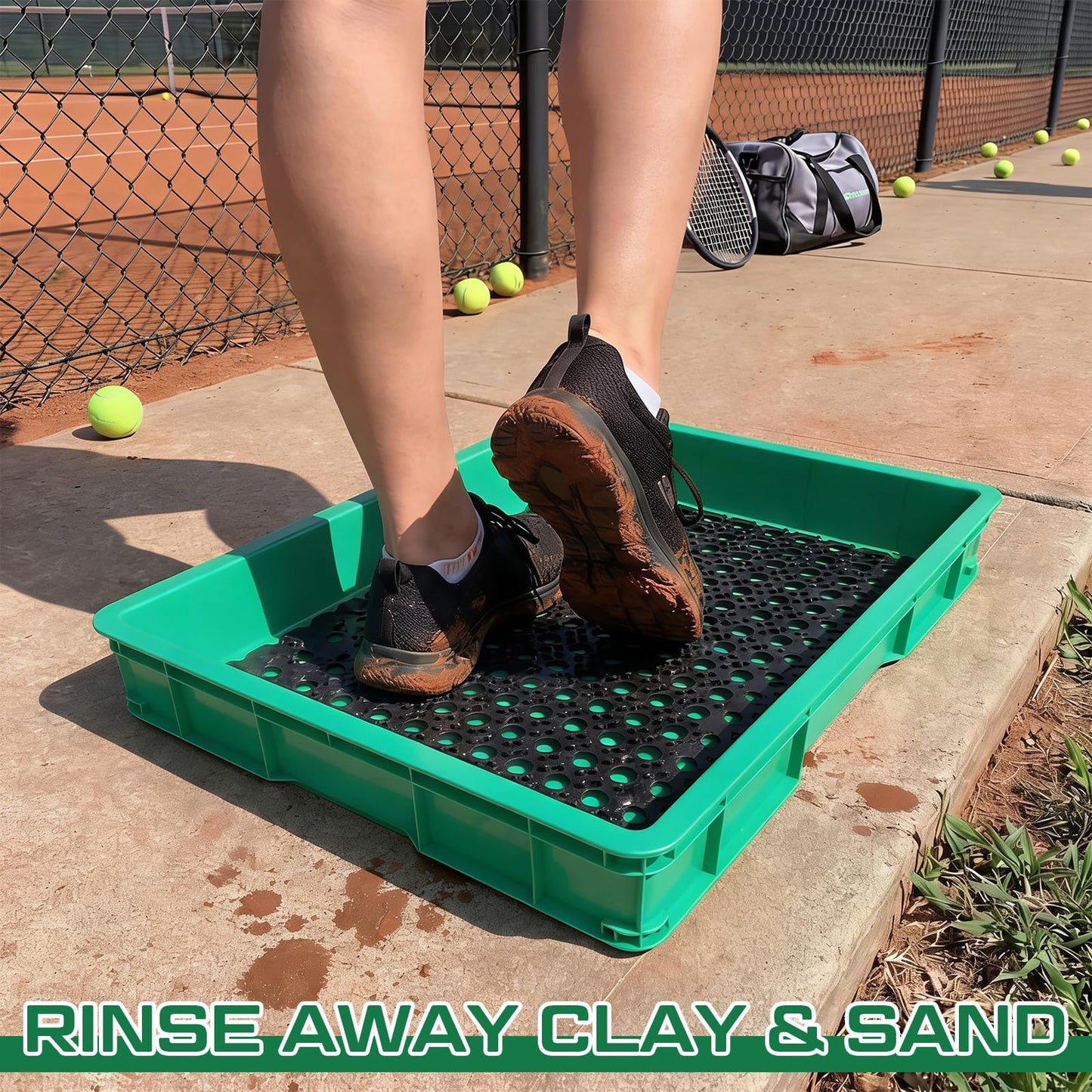 Cinnvoice Tennis Court Shoe Cleaning Tray with Brush Mat, Clay & Sand Removal for Courts, Sports Facilities, Entryway Boot Cleaner, 24 x 16.5 x 3.7 Inches