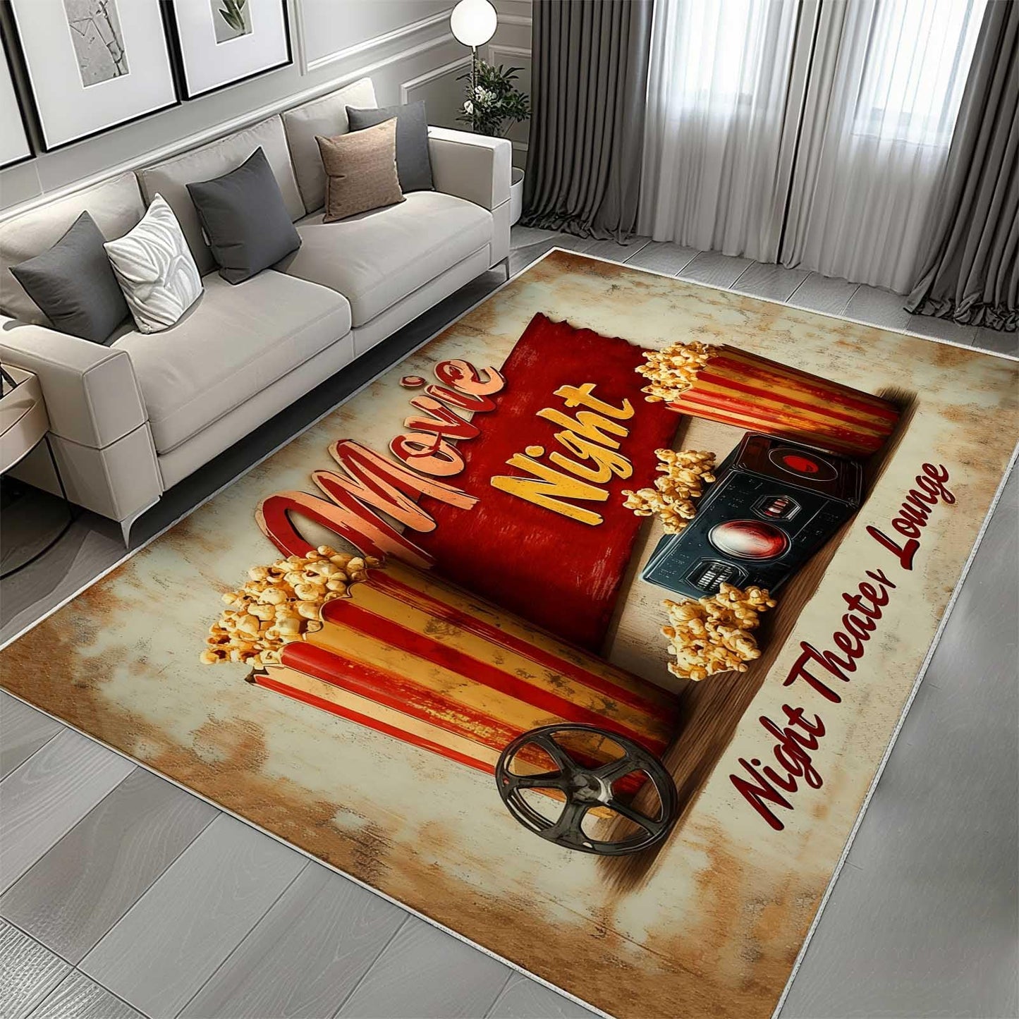 5x8 Movie Area Rug, Theater Lounge Area Rug, Movie Night Home Theater Floor Rugs, Vintage Movies Theaters Rugs, Washable Low Pile Film Carpet for Living Room