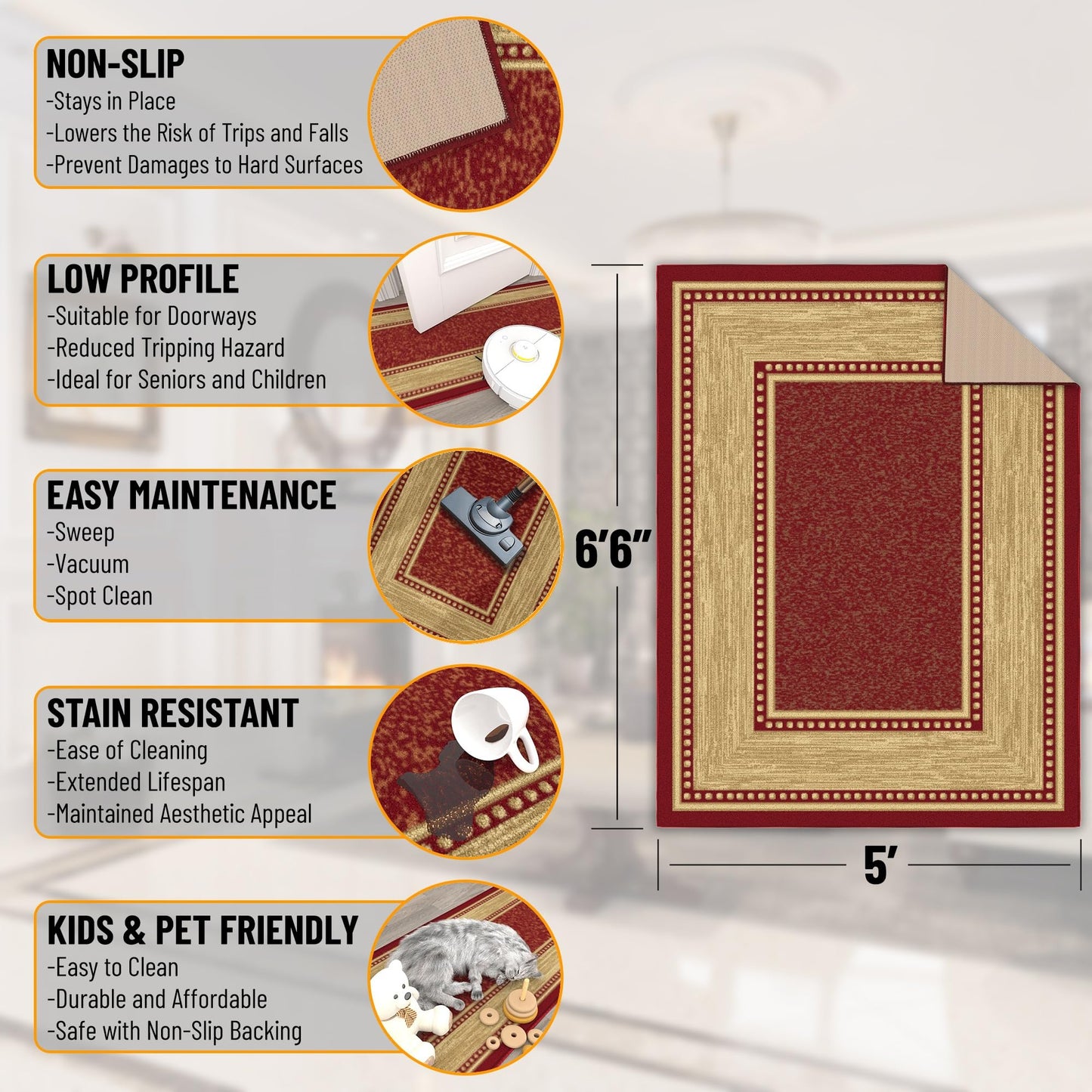 Ottomanson Area Rug 5' x 6'6" – Non Slip Rubber Backed Indoor Rug for Living Room, Bedroom, Dining Room, Low Pile Floor Carpet, Durable Accent Area Rug, Border Red