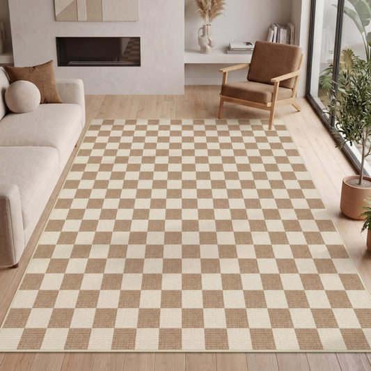Tribesigns Checkered Washable 8x10 Area Rugs for Living Room, Soft Non-Slip Brown Bedroom Dining Room Rug, Geometric Neutral Printed Carpet for Playroom Home Decor, Oeko-Tex Certified