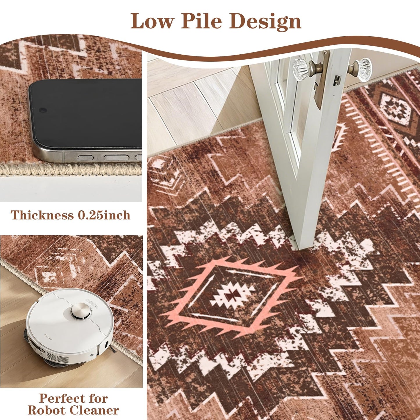 Yinhua Western Living Room Rug 5x7, Moroccan Low-Pile Washable Rug for Bedroom, Aztec Brown Rugs Non Slip with Rubber Backing, Soft Non-Shedding Carpet for Nursery Classroom Office