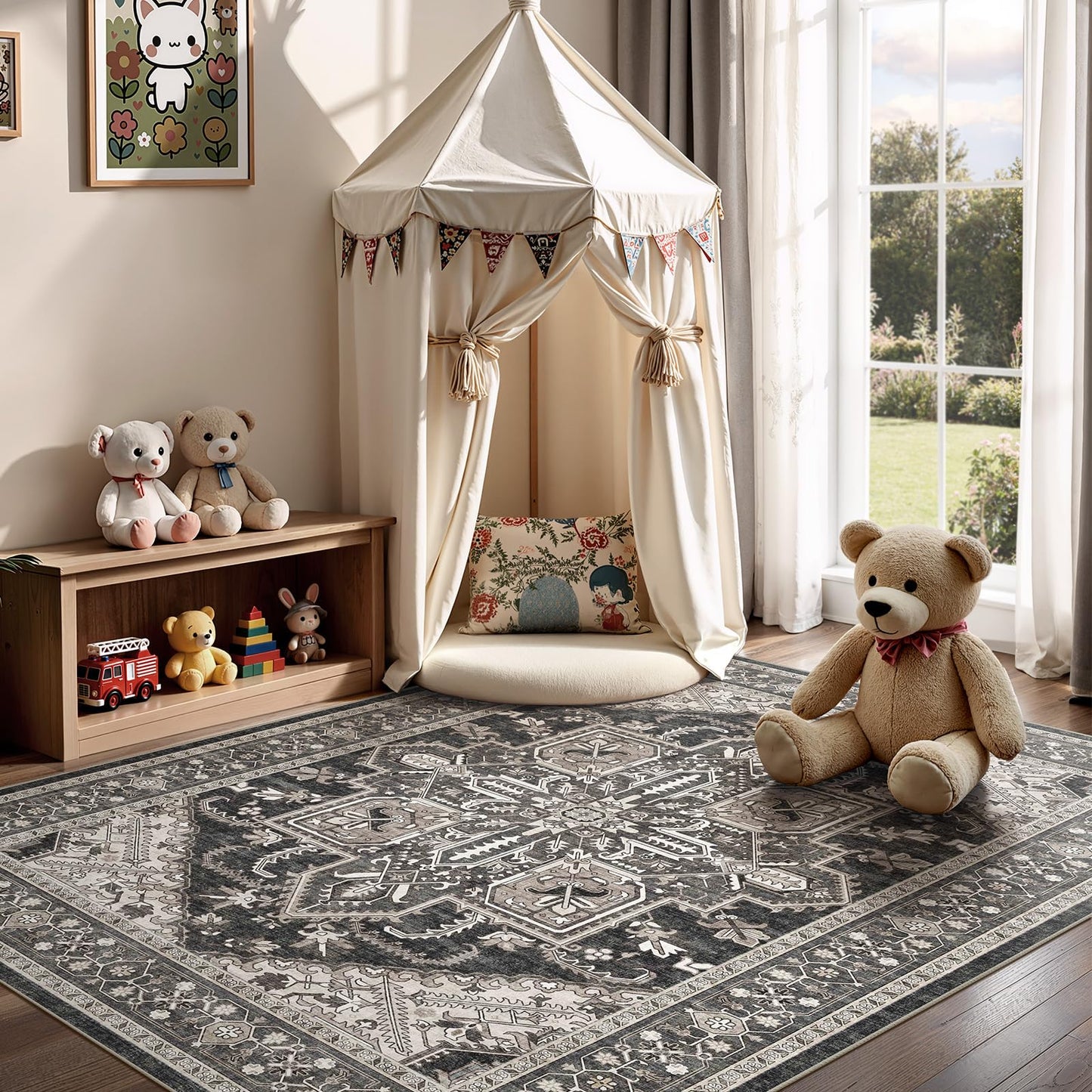 WITSHOCK Living Room Area Rugs 5x7: Washable Rug Boho Soft Non-Slip Low Pile Stain Resistant Foldable Carpet for Bedroom Playroom Dining Room Office Kitchen Farmhouse Home Decor Rug-Bitter Black