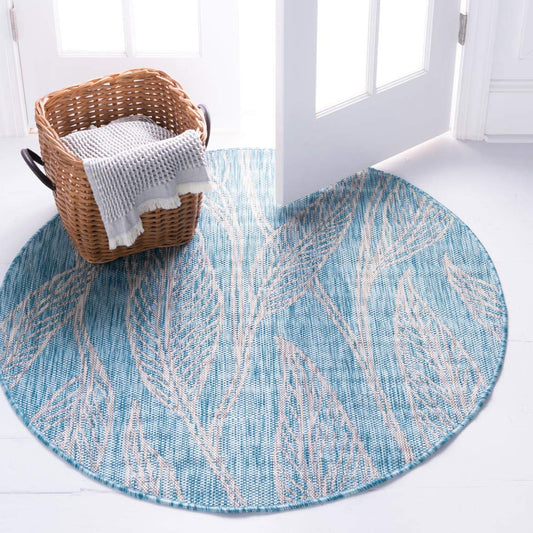 Unique Loom Outdoor Botanical Collection Area Rug - Leaf (4' 1" Round, Light Aqua/ Ivory)