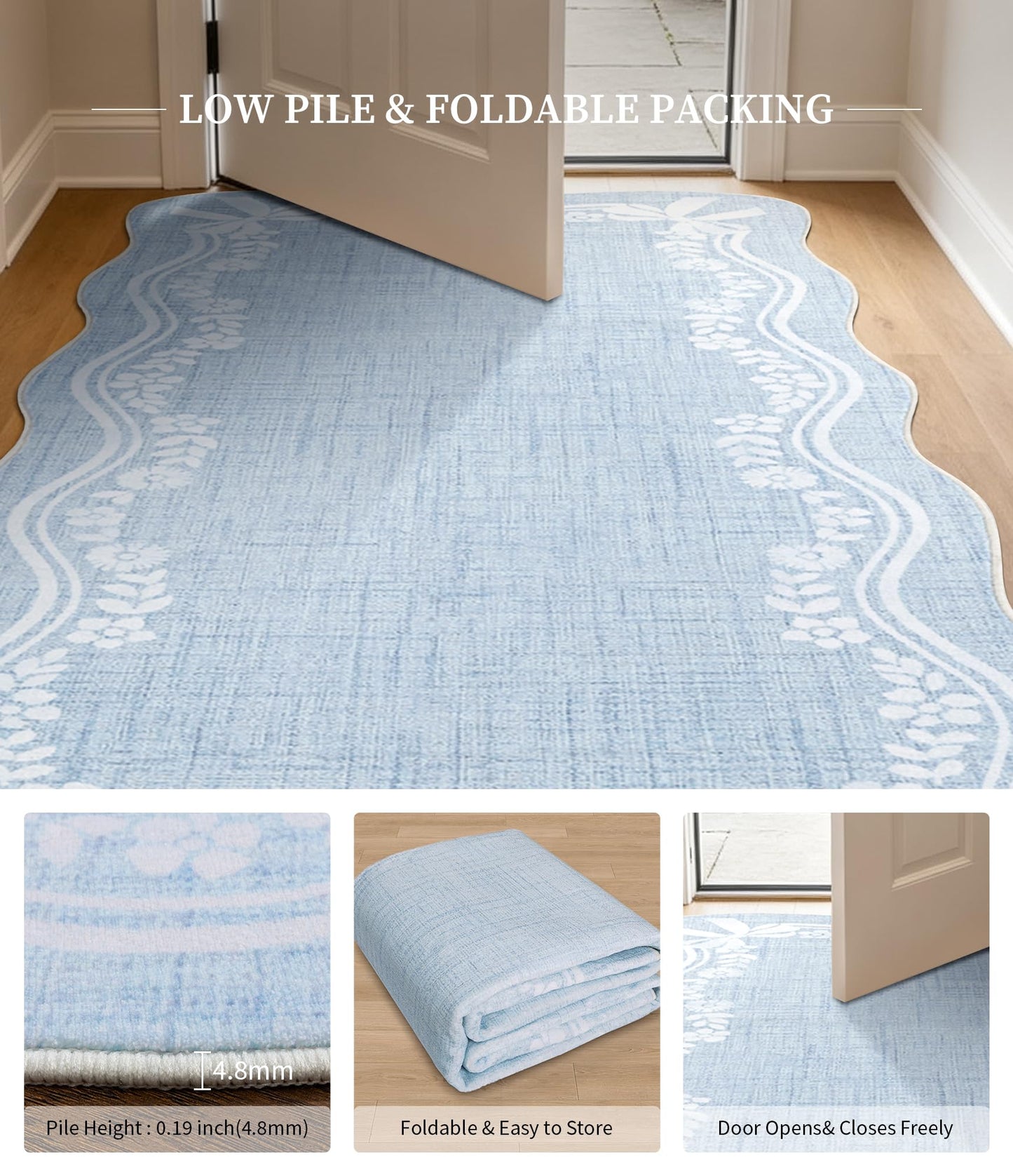 YIHOUSE 5'x7' Area Rug Blue Bow Scalloped Nursery Rug, Cute Princess Girls Bedroom Rug Washable,Non Slip Soft Low Pile Floral Border Carpet for Living Room Family Room Bedroom Standard Space