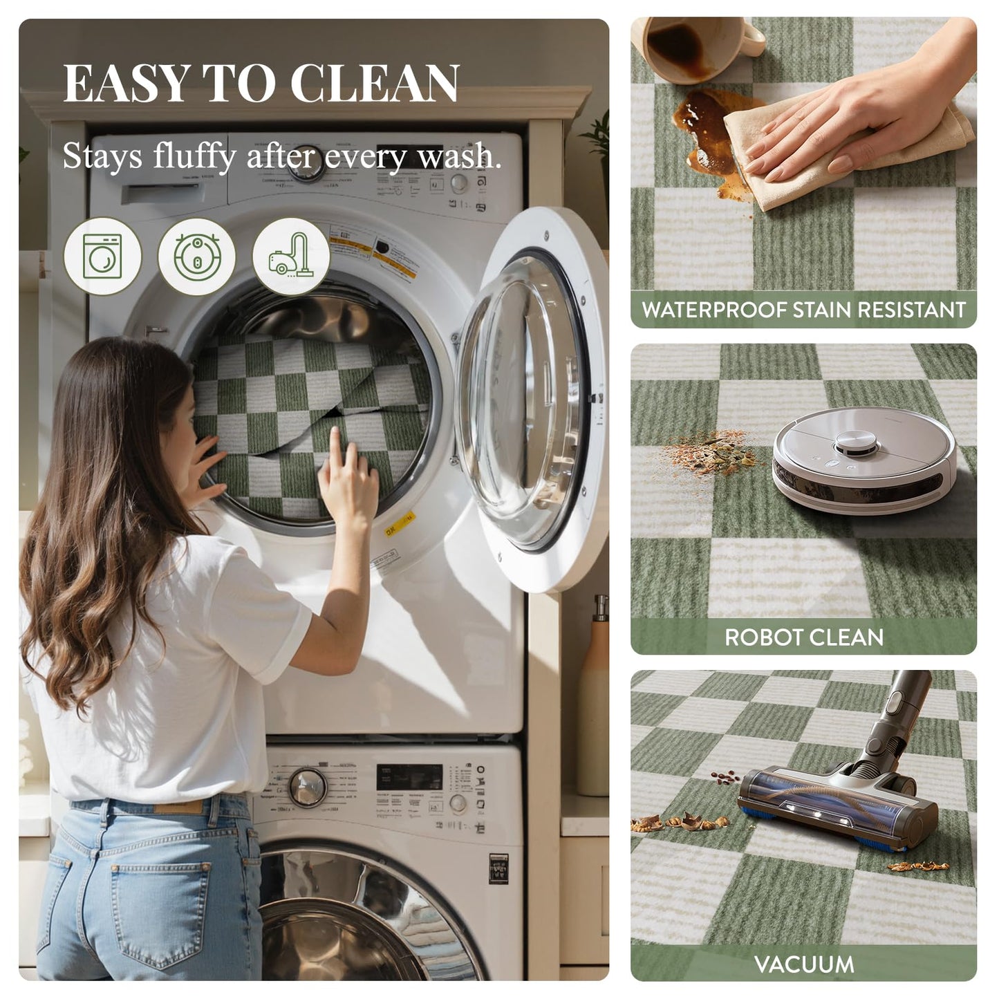 Machine Washable 5x7 Area Rugs for Living Room Checkered, Non Slip Soft Low Pile Farmhouse Geometric Modern Neutral Playroom Boys Rugs for Bedroom, Large Carpet Rugs for Dining Room(Sage Green,5'x7')