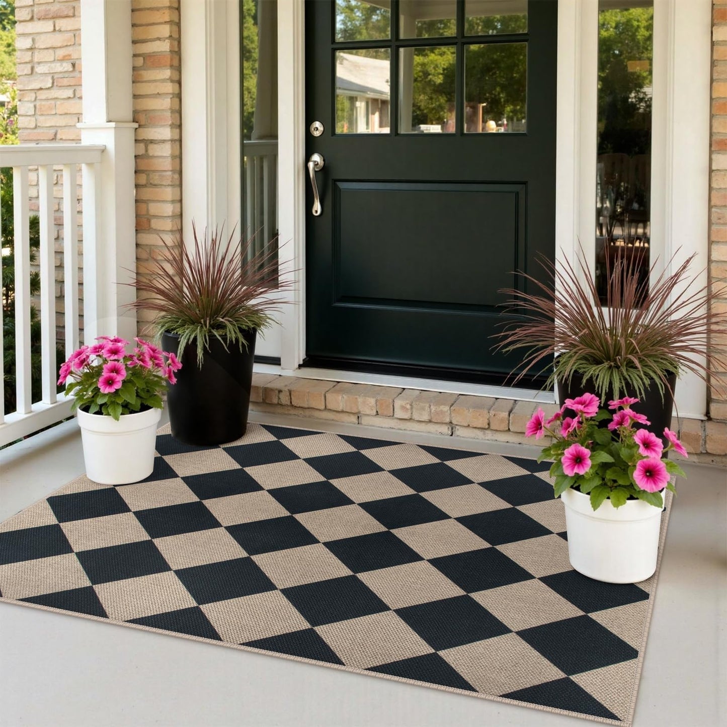 Rugalia Easy Jute Small Outdoor Patio Rug, 3x5 Black Checkered Entryway Rug Washable Modern Diamond Kitchen Rugs, Non-Slip Neutral Farmhouse Throw Carpet for Living Room Porch Backyard
