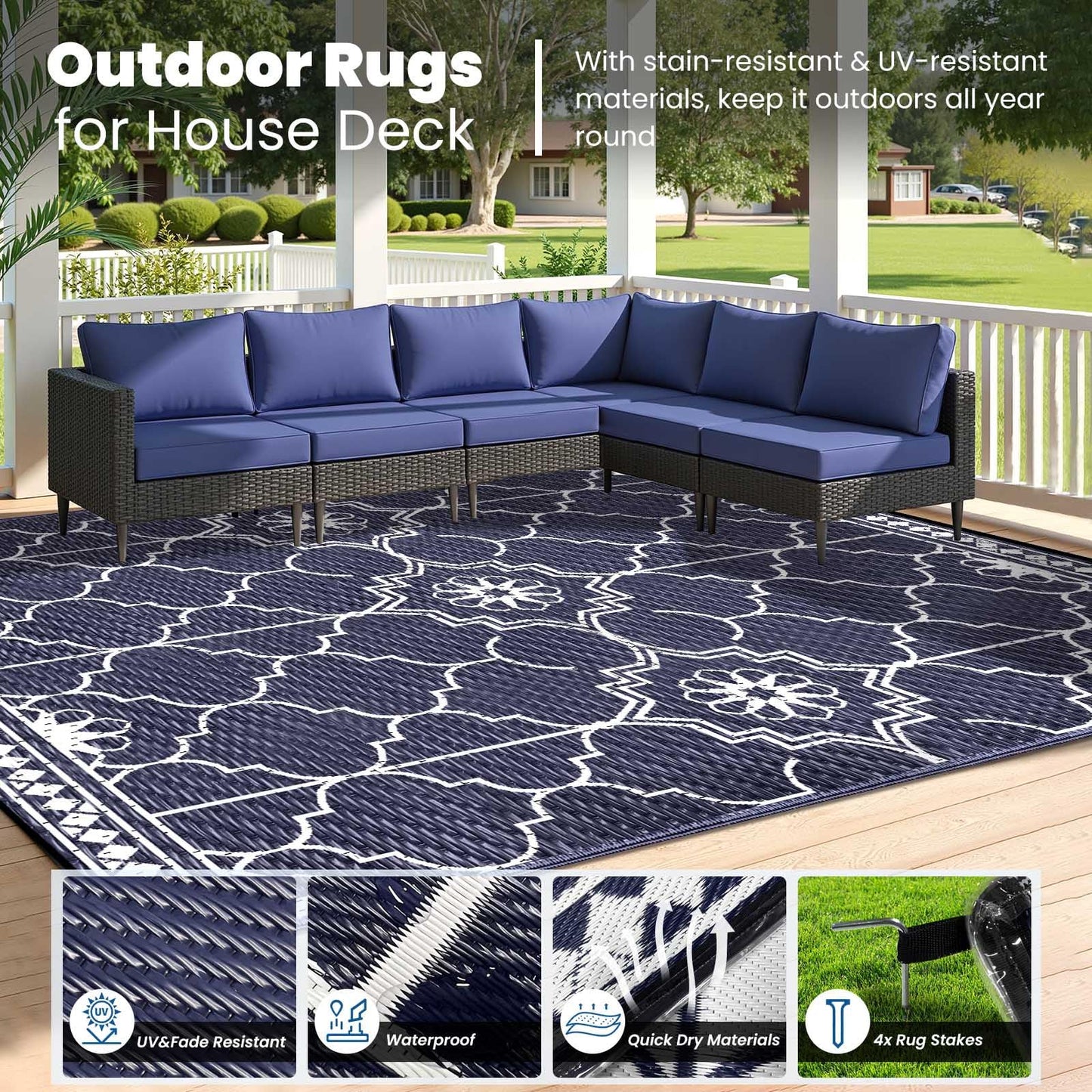Lighted Outdoor Rug 8x10 ft, Solar Powered Patio Rug with 113 LED Lights, Waterproof Plastic Reversible Outdoor Straw Rugs, Rugs Mat for House Deck RV Camping Patio Beach Balcony Picnic (Blue White)