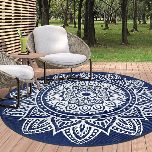 famibay 6 Ft Round Boho Outdoor Plastic Straw Rug, Waterproof, Portable, Reversible, UV-Resistant, Patio, Porch, Camping, Dark Blue