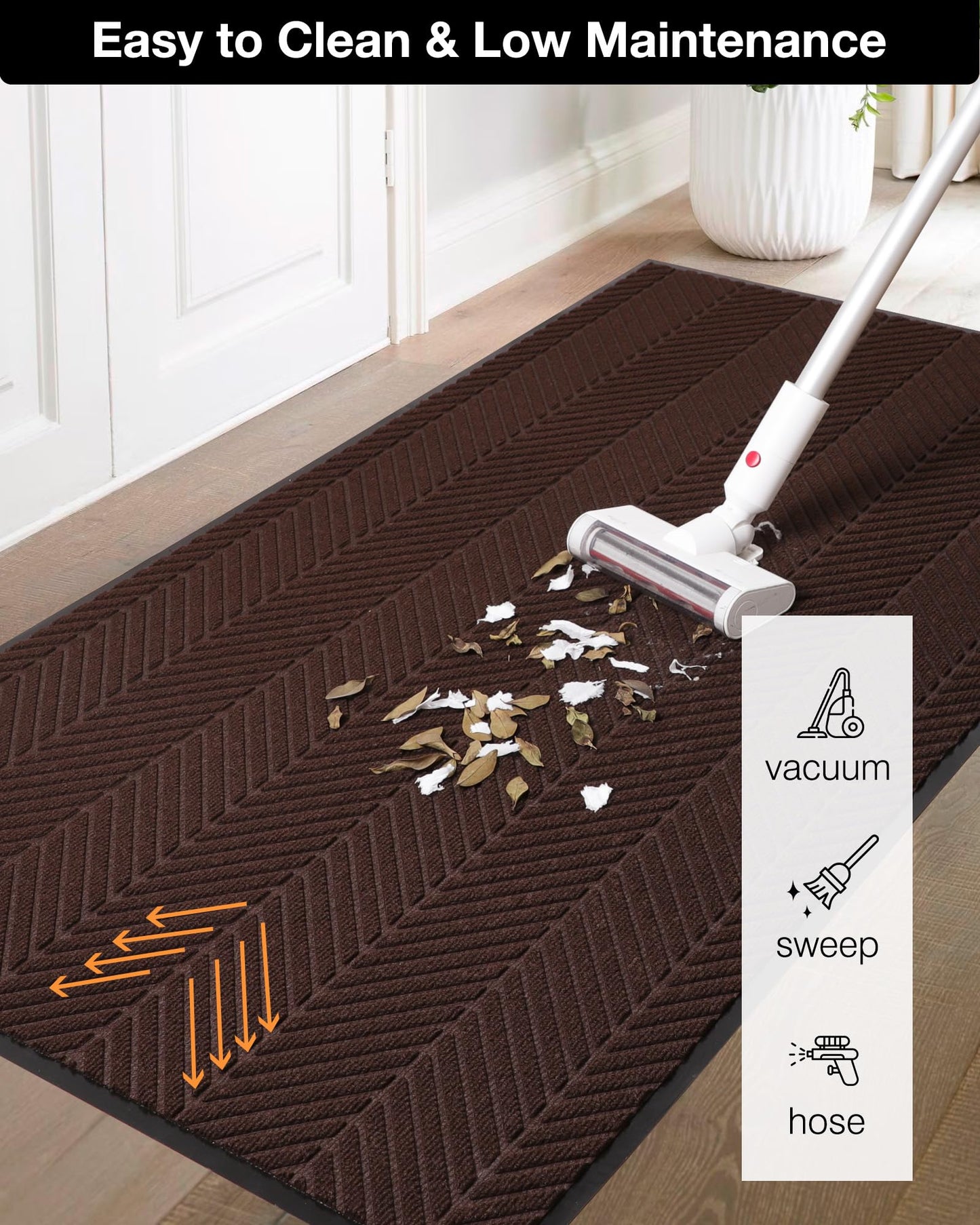 2′ x 6′ Heavy Duty Front Door Mat Indoor Outdoor Entrance, Easy Clean Non-Slip All Weather Commercial Floor Mat for Entryway, No Curling Waterproof Vinyl Welcome Mat (Dark Brown)