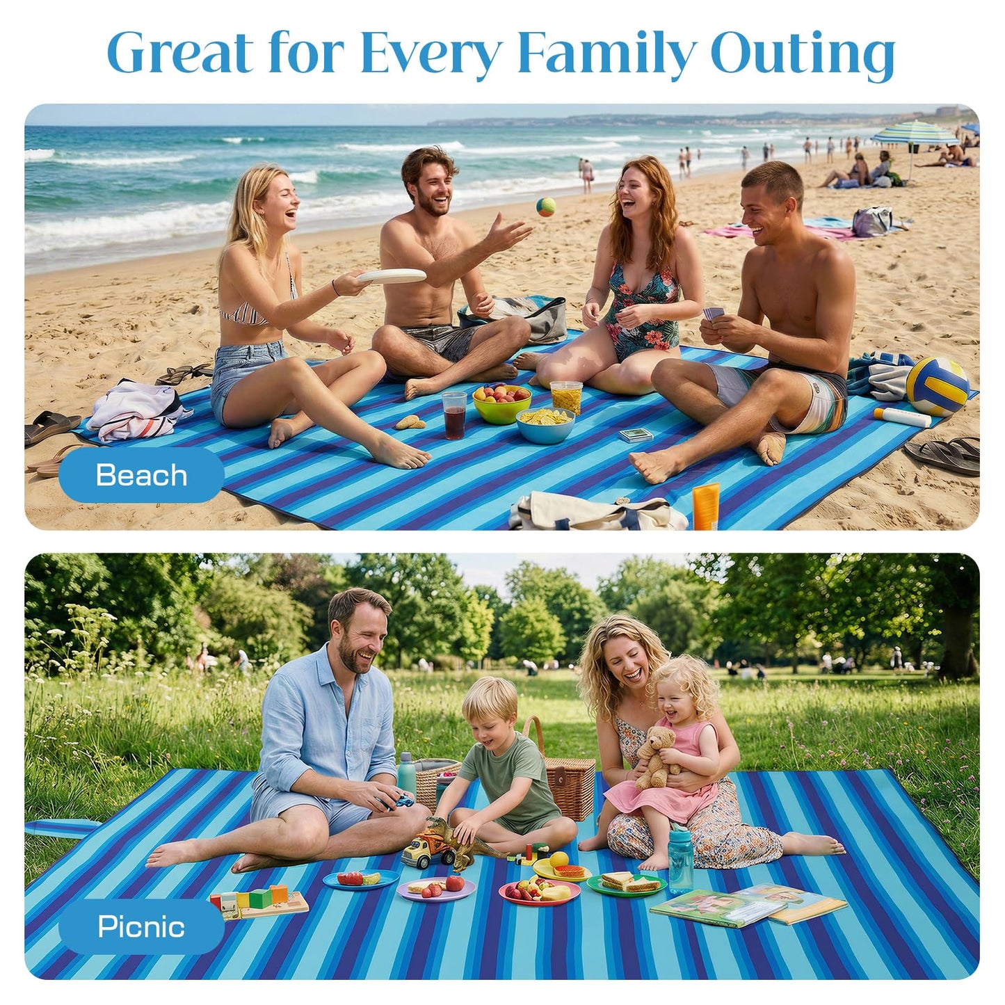Beach Blanket Waterproof Sandproof - Oversized Extra Large Beach Mat for 3-4 People, Lightweight Sand Free Mat for Summer Vacation with 6 Stakes & 4 Corner Pockets for Beach, Camping 7x7ft Blue Stripe