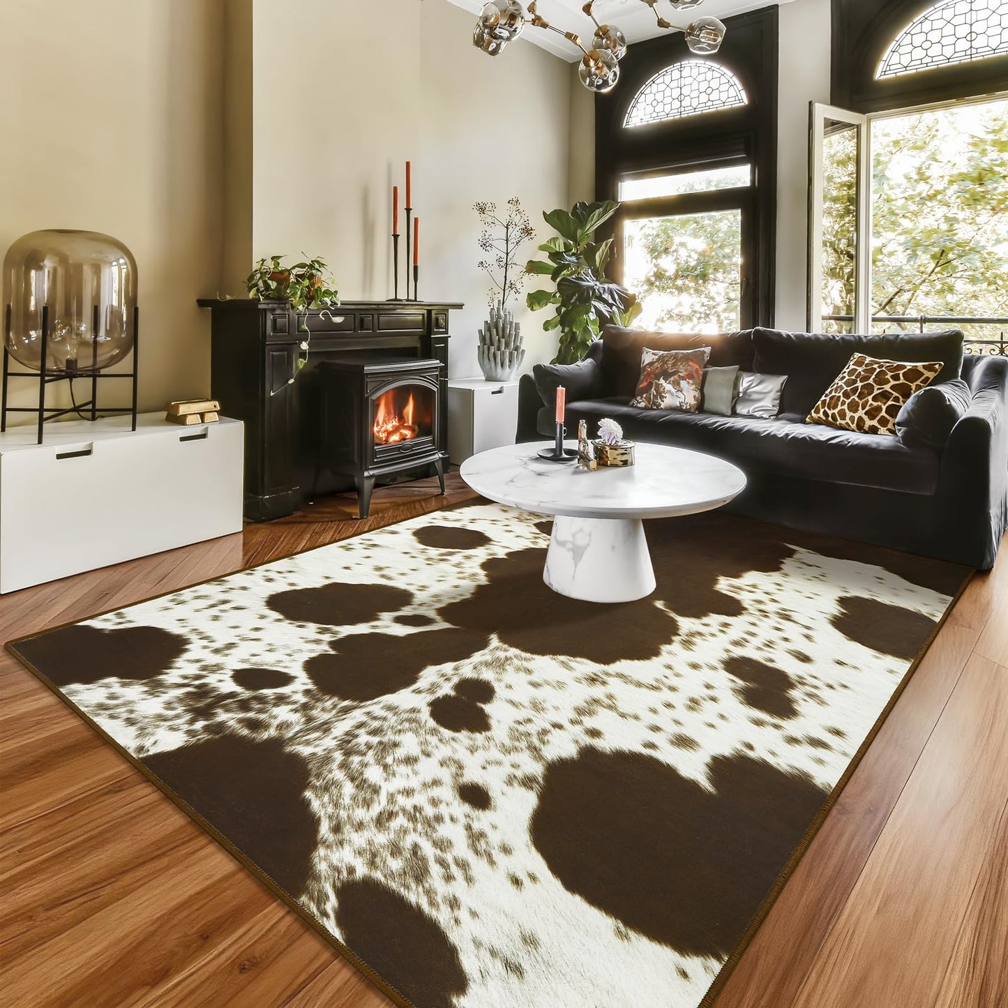 Amearea Faux Cowhide Rugs for Living Room, 4x6 Feet Machine Washable Cow Print Area Rug for Bedroom, Premium Western Home Decor Animal Print Non-Slip Throw Rug Carpet for Dining Room Kitchen Office