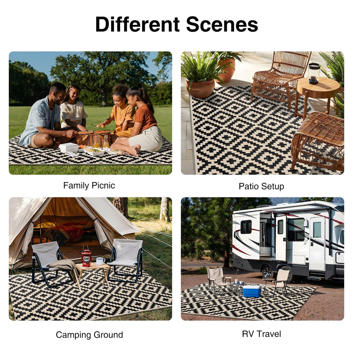 OLANLY Waterproof Outdoor Rug 5x8 ft, Outdoor Plastic Straw Rug for Camping, RV Mat Outside, Outdoor Carpet for Porch, Deck, Backyard, Balcony, Picnic, Black & Beige