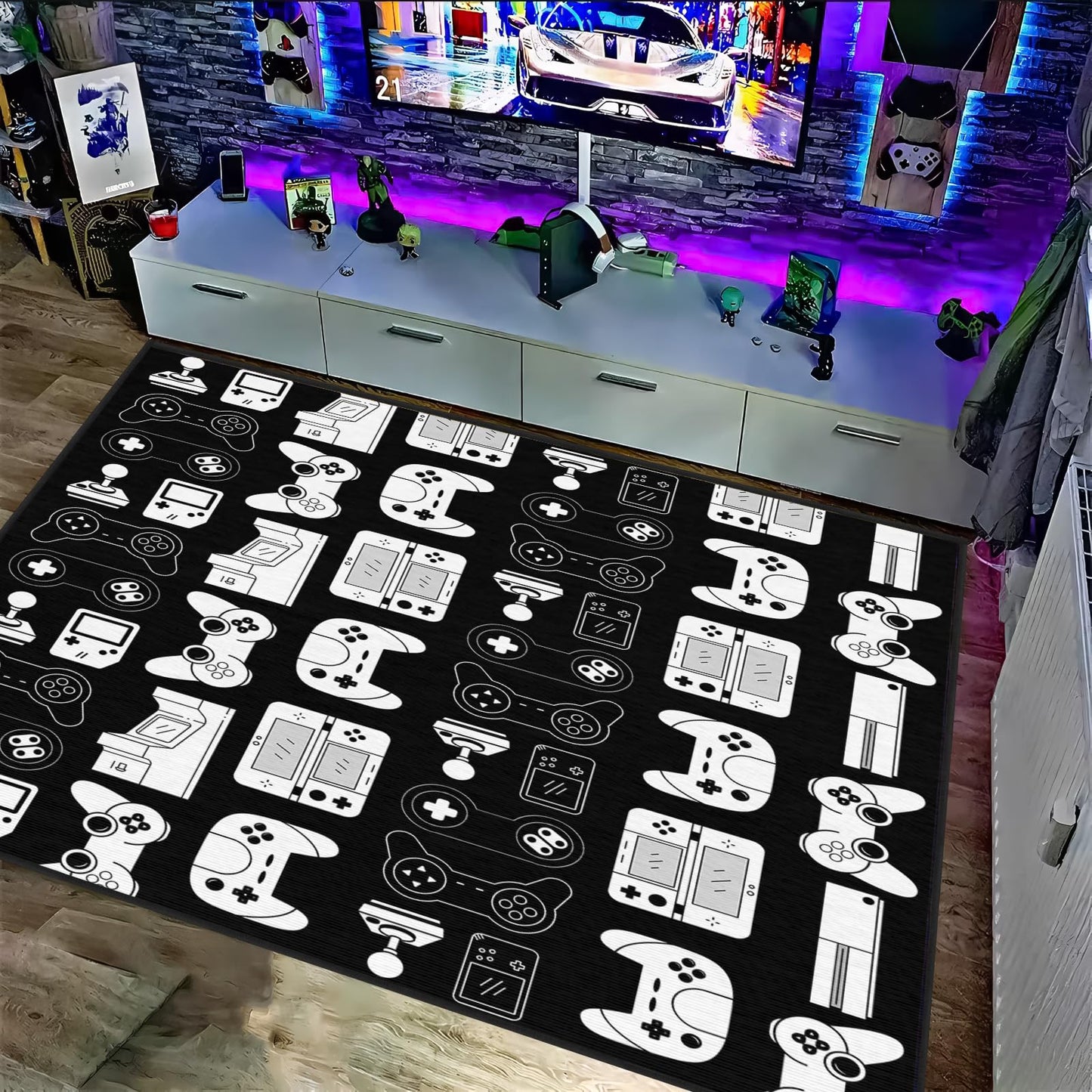 Auetwyona Gamer Rug for Boys Room Area Rugs 3x5 ft Black and White Gaming Rug for Gaming Room Decor Video Game Area Carpet for Teen Boys Bedroom, Kids Playroom, College Dorm,Men's Game Room