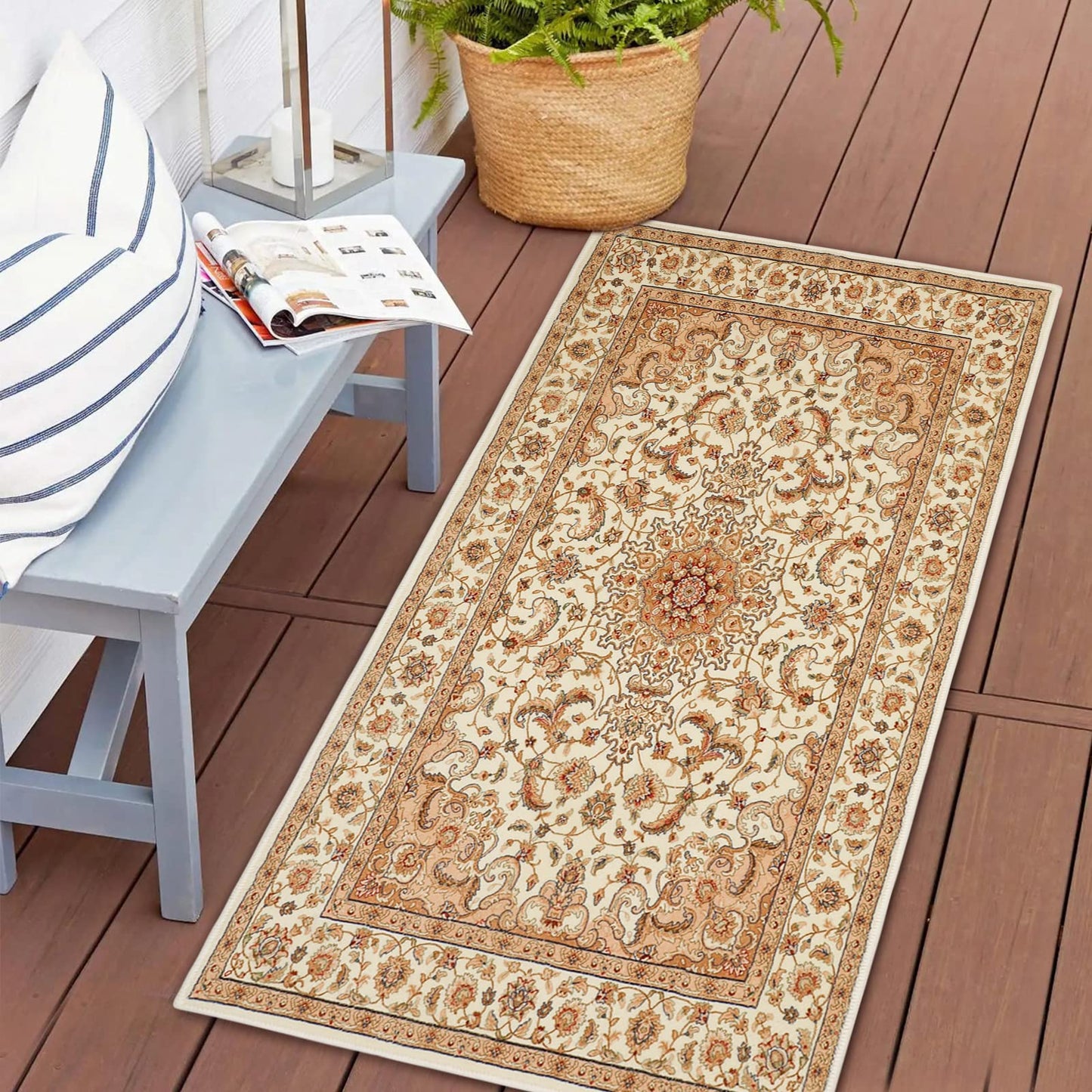 COMSLE Boho Area Rug, 2' x 4' Machine Washable Rugs for Entryway Faux Wool Small Rugs Distressed Throw Rug Non-Slip Floor Carpet for Indoor Bedroom Kitchen Living Room Cream/Beige-2