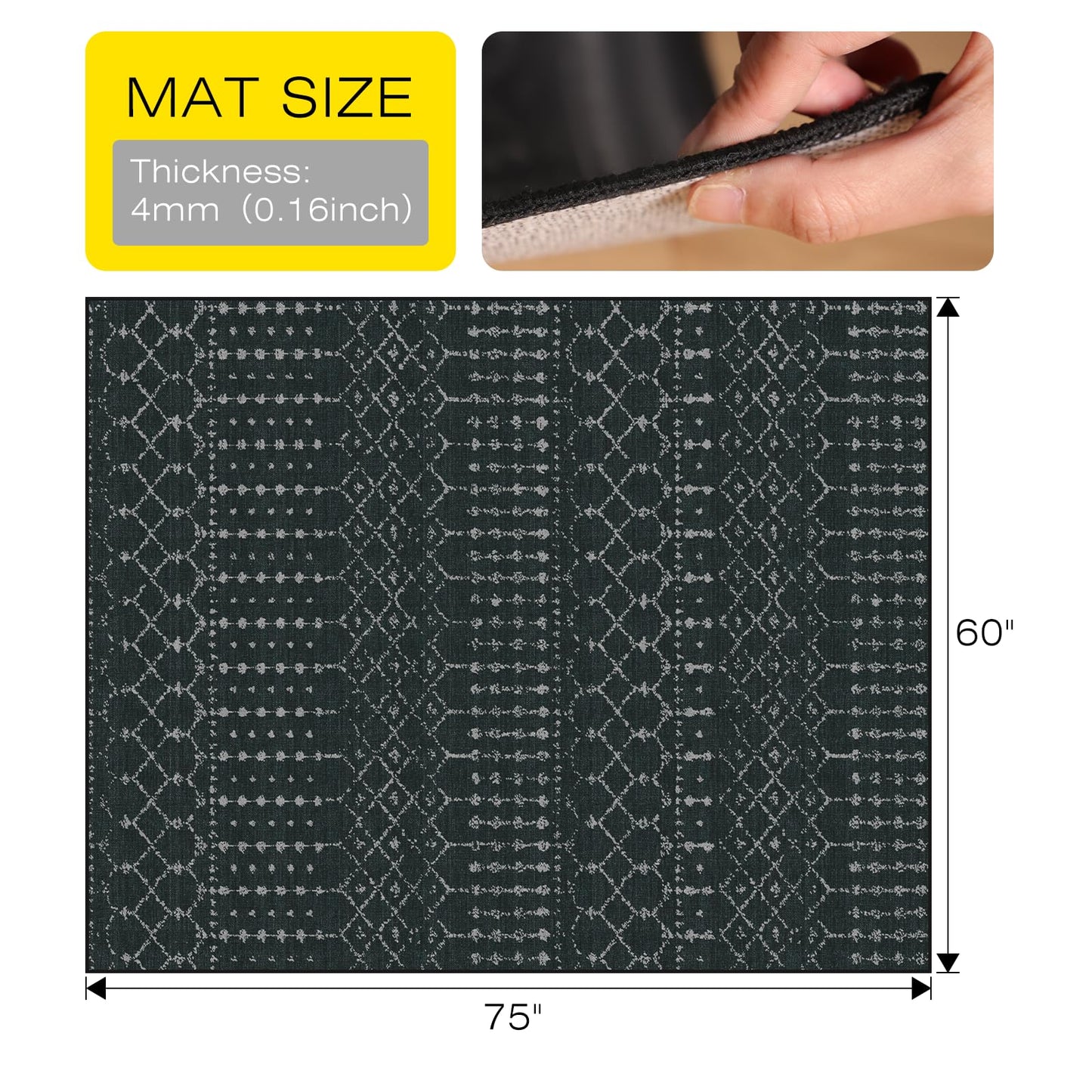 FUNMAT Office Chair Mat for Hard Floors, 75" x 60" Large Chair Mat for Hardwood Floor, Non-Slip Floor Protector Under Desk Rug for Rolling Chair, Washable Area Rug for Home, Black