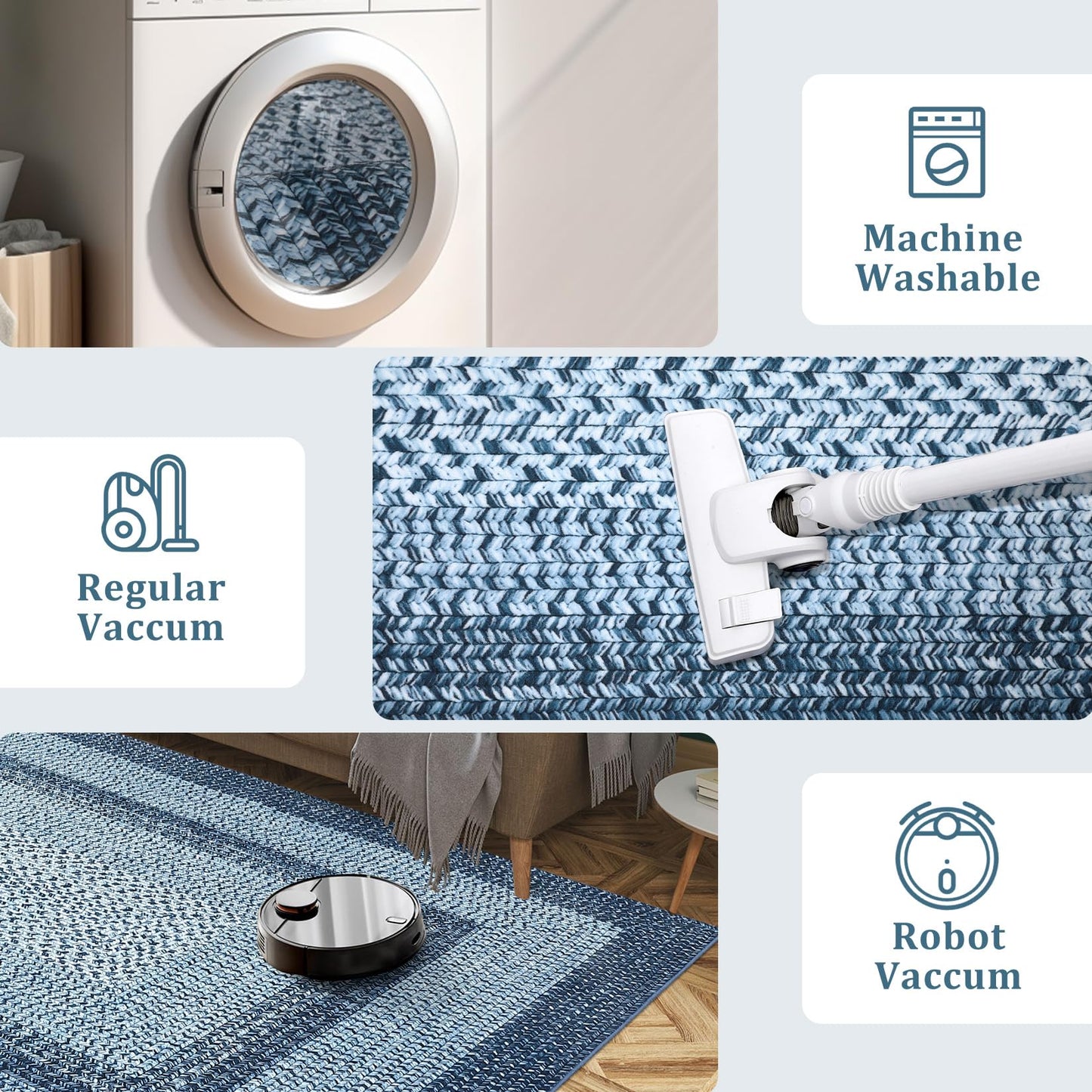 5x8 Oval Living Room Area Rug Washable Modern Border Bedroom Bedside Area Rugs Non Slip Low Pile Dining Room Oval Throw Carpet Contemporary Rugs for Living Room Kitchen Nursery, Blue