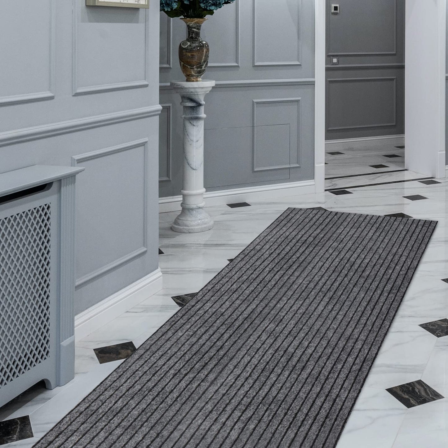 FREADEM Runner Rugs 2' x 6' Indoor Outdoor Carpet Runner, Area Rugs with Anti-Slip Rubber Backing for Aisle Hallway Balcony Garage Entryway Stair, Grey Stripe