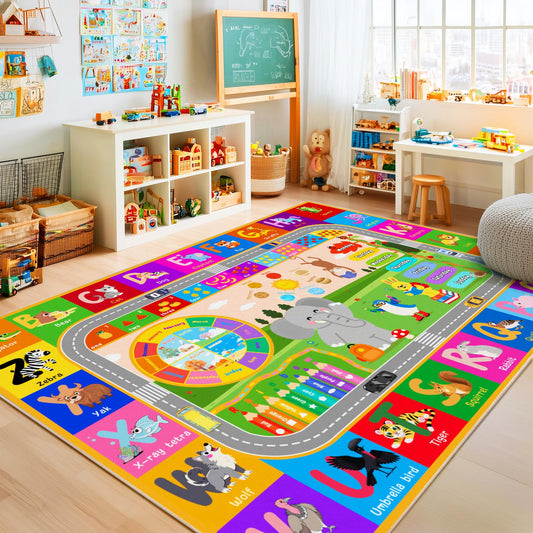 Pionblank Kids Rug for Playroom Classroom, 5x7 Area Rugs Playmat for Learning Animal Alphabet Fruit Numbers Color Season Month,Washable Non Slip Carpet for Toddler Nursery