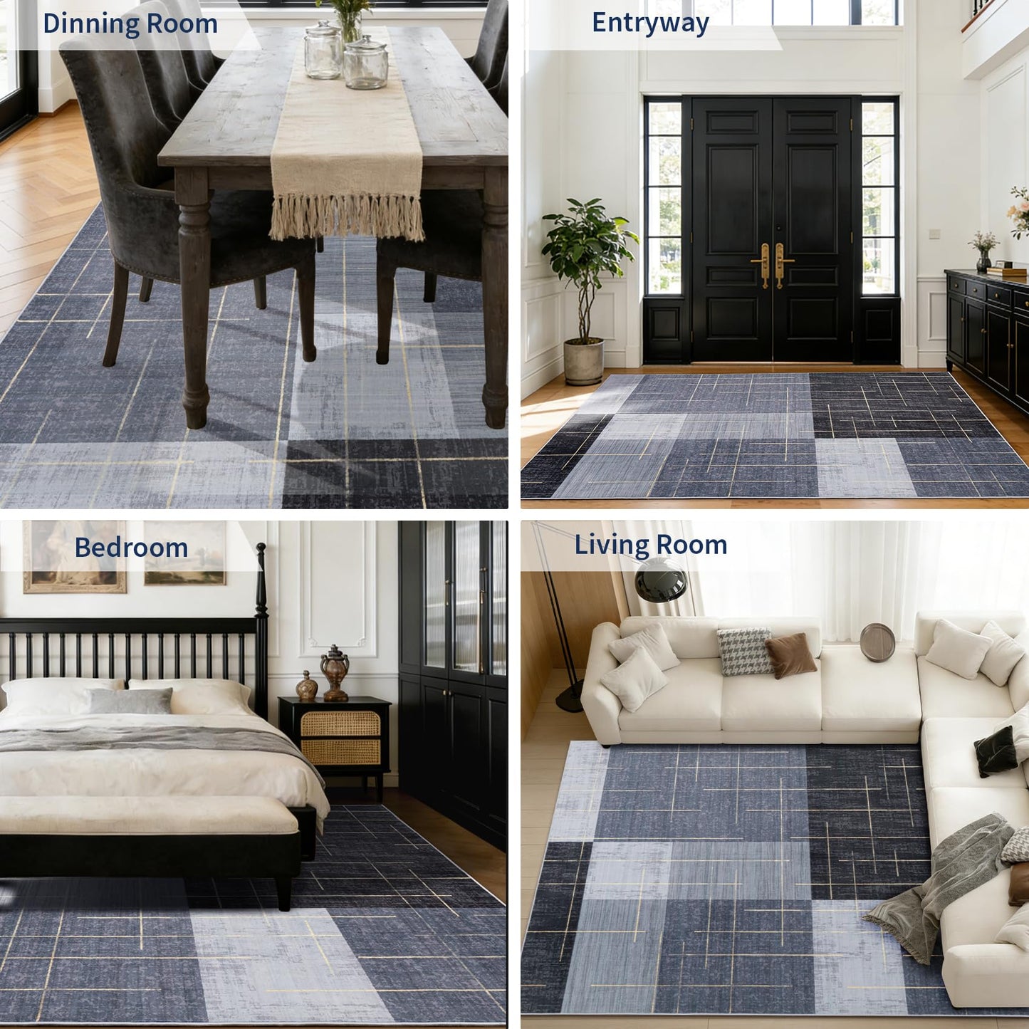 YIHOUSE 5x7 Geometric Checkered Abstract Modern Area Rugs for Living Room,Contemporary Washable Rugs with Gold Striped,Blue and Grey White Carpet for Bedroom Living Room