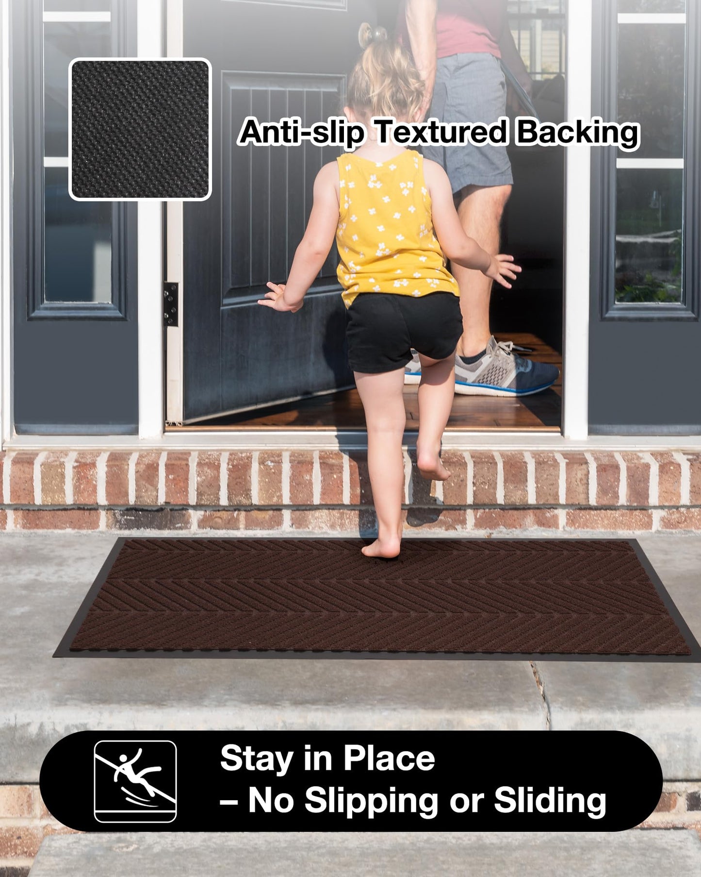 2′ x 6′ Heavy Duty Front Door Mat Indoor Outdoor Entrance, Easy Clean Non-Slip All Weather Commercial Floor Mat for Entryway, No Curling Waterproof Vinyl Welcome Mat (Dark Brown)