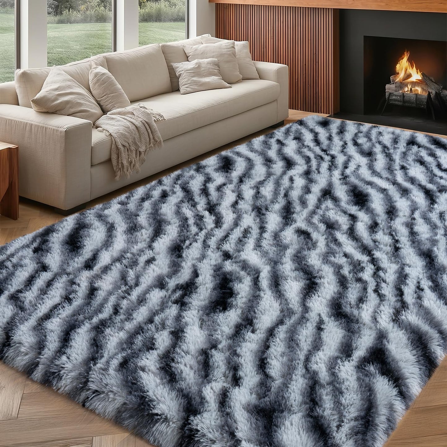 qulint Zebra Rug for Living Room, 8x10 Area Rug for Bedroom Soft Shaggy Animal Large Carpet, Plush Striped Ombre Alfombras for Dorm Room Nursery Classroom Home Decor Aesthetic (8ft x 10ft, Zebra)