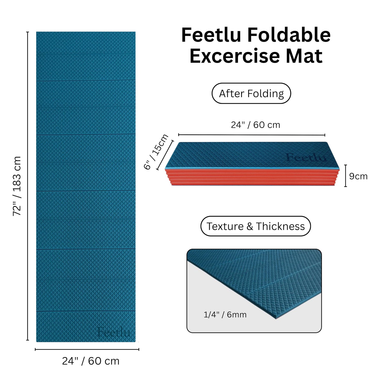 Feetlu Foldable Yoga Exercise Mat, 6mm/8mm/10mm/12mm Thickness, 72 x 24 Inch - Lightweight, Anti-Slip, and Easy to Store for Yoga, Pilates, Home Workouts, and Floor Exercises (Teal/Orange 6mm)