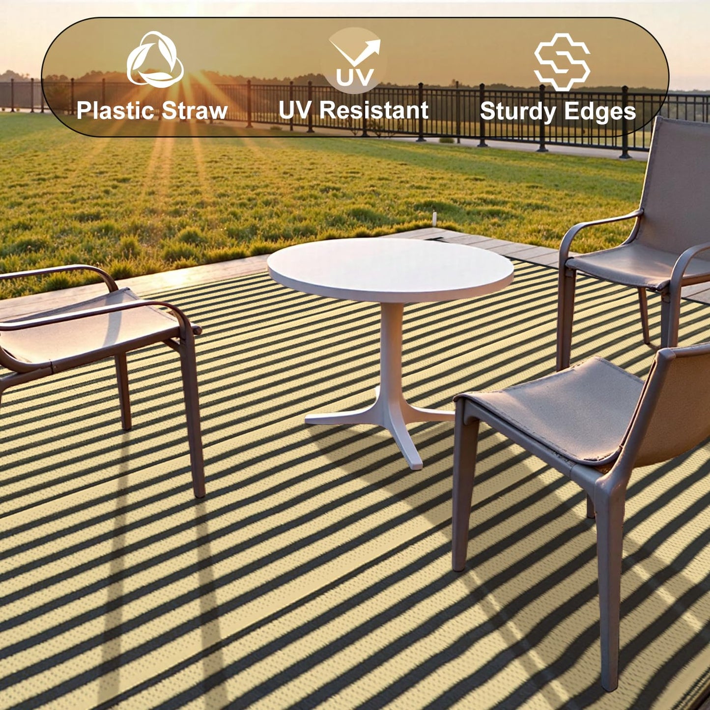 LEEVAN Waterproof Outdoor Rug 6x9 Patio Rug Clearance Black and Tan Plastic Straw Area Rug for Backyard Striped Camping Outside Mat for Picnic, RV, Deck, Bench, Balcony