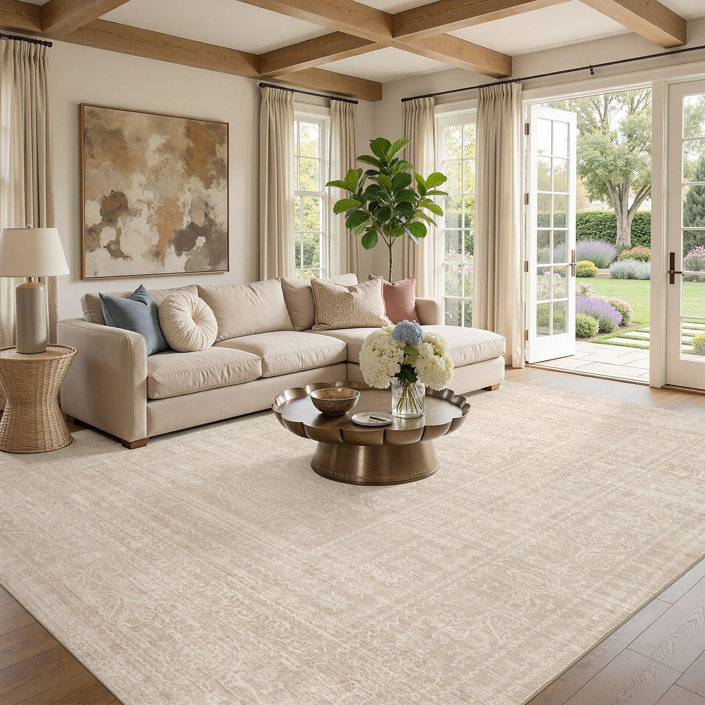 Nakagishi 9x12 Area Rugs Living Room: Washable Large Vintage Rug Neutral Non-Slip Soft Stain Resistant Indoor Carpet for Bedroom Nursery Dining Room Office Playroom - Beige