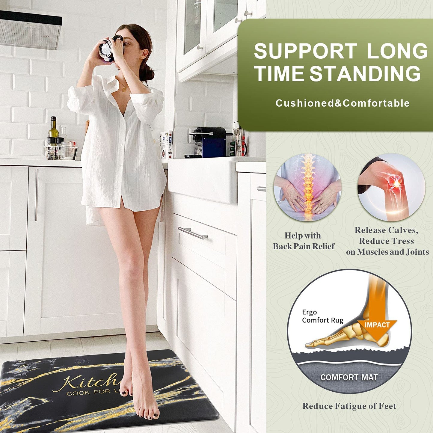 Carvapet 2 Pieces Comfort Anti-Fatigue Kitchen Rugs Standing Desk Mat Waterproof Decorative Ergonomic Floor Pad Kitchen Rug Black&Golden Marble Design 17"x47"+17"x28"
