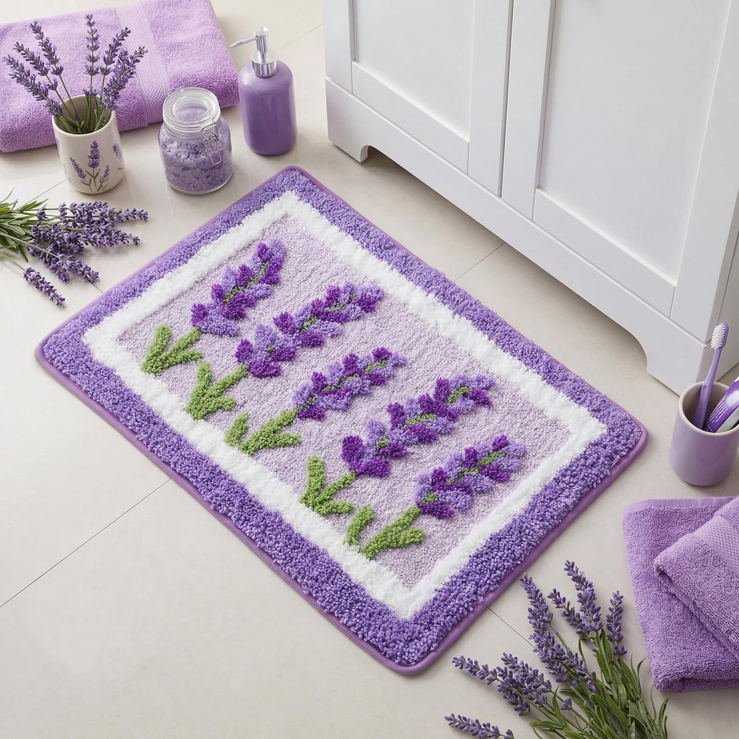 Boao Lavender Purple Bath Mat Floral Tufted Bathroom Rug Lilac Spring Flowers Non Slip Soft Absorbent Lavender Bathroom Decor Accessories for Bedroom Kitchen Floor Tub Shower Sink, 24 x 16 Inches