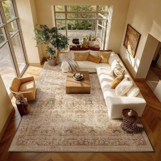 Hedwior Washable 8x10 Area Rugs for Living Room, Boho Non-Slip Vintage Distress Large Rugs for Bedroom Dining Room Nursery Office, 0.3" Neutral Oriental Throw Thin Carpet, Brown/Multi, C1