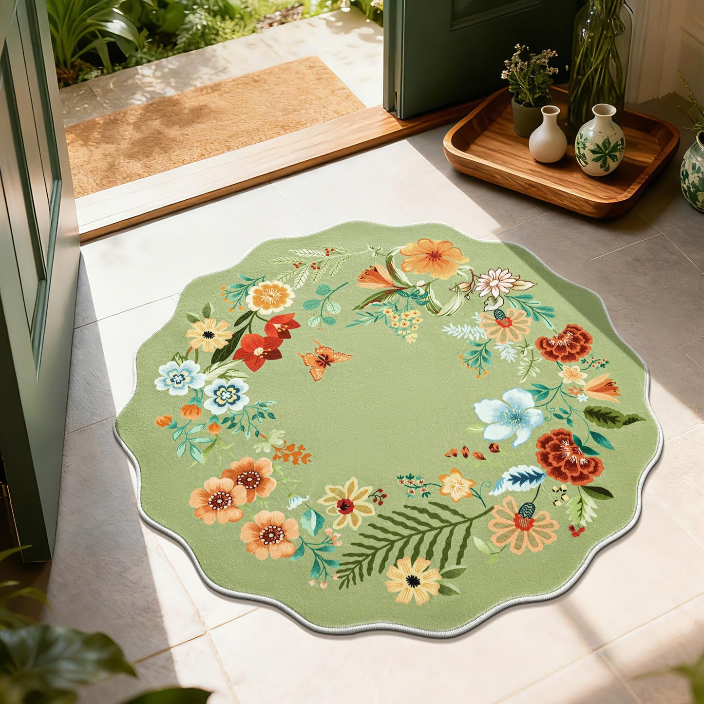 Asrug Scalloped Round Rug 3ft, 3’Green Round Area Floral Rug Low Pile Stain Resistant Non Slip Washable Circle Rugs for Living Kitchen Bedroom Nursery Entryway, Floral Soft Carpet