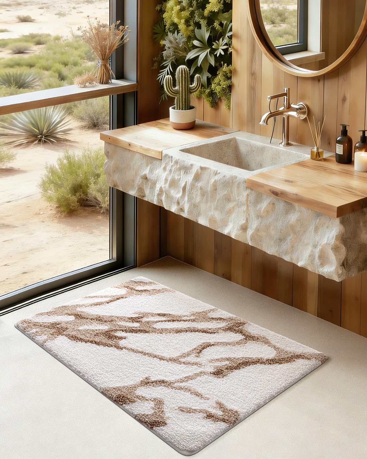 DEXI Bathroom Rug Mat 30x17, Soft and Absorbent Marble Bath Mat, Non Slip Machine Washable Bath Rugs for Shower Floor, Tub, Sink, White and Beige
