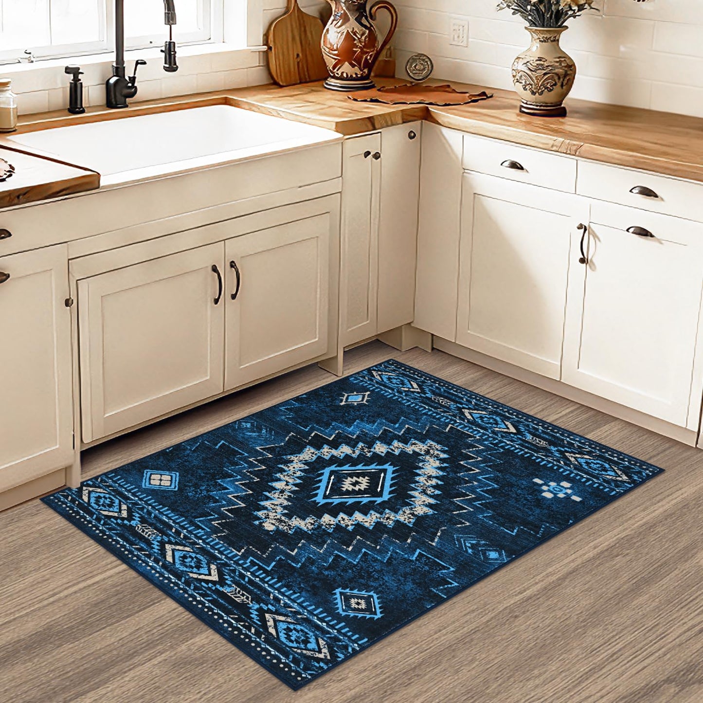 Yinhua Western 2x3 Rug Non-Slip, Aztec Entryway Rugs Low-Pile, Navy Blue Moroccan Washable Rug Stain Resistant, Front Door Rugs with Rubber Backing for Bathroom Kitchen Hallway