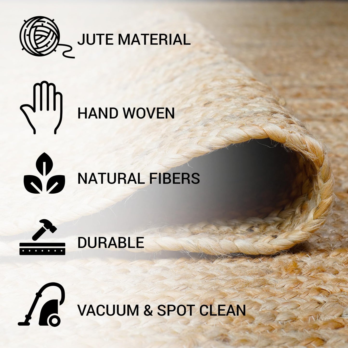 CRAFTBERRY 6x9 Jute Hand Woven Area Rug, Reversible, Rectangular, Solid Farmhouse Design, Natural Fiber, for High Traffic Areas, Bedroom, Living Room, Dining Room, Hallway, Office, Kitchen, Entryway