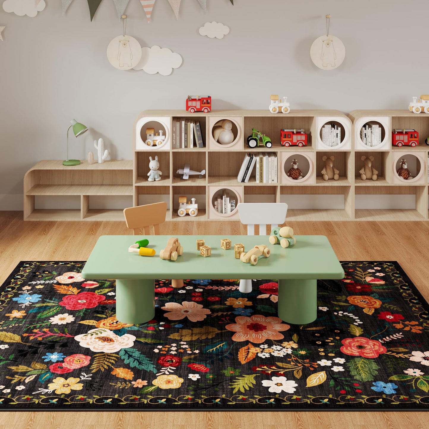 Rugcomf Living Room Rug 6x9 Rug Machine Washable Boho Area Rug Non Slip Floral Vintage Low Pile Large Rug for Living Room, Bedroom, Farmhouse, Dining Room, Kids Playroom(Black)
