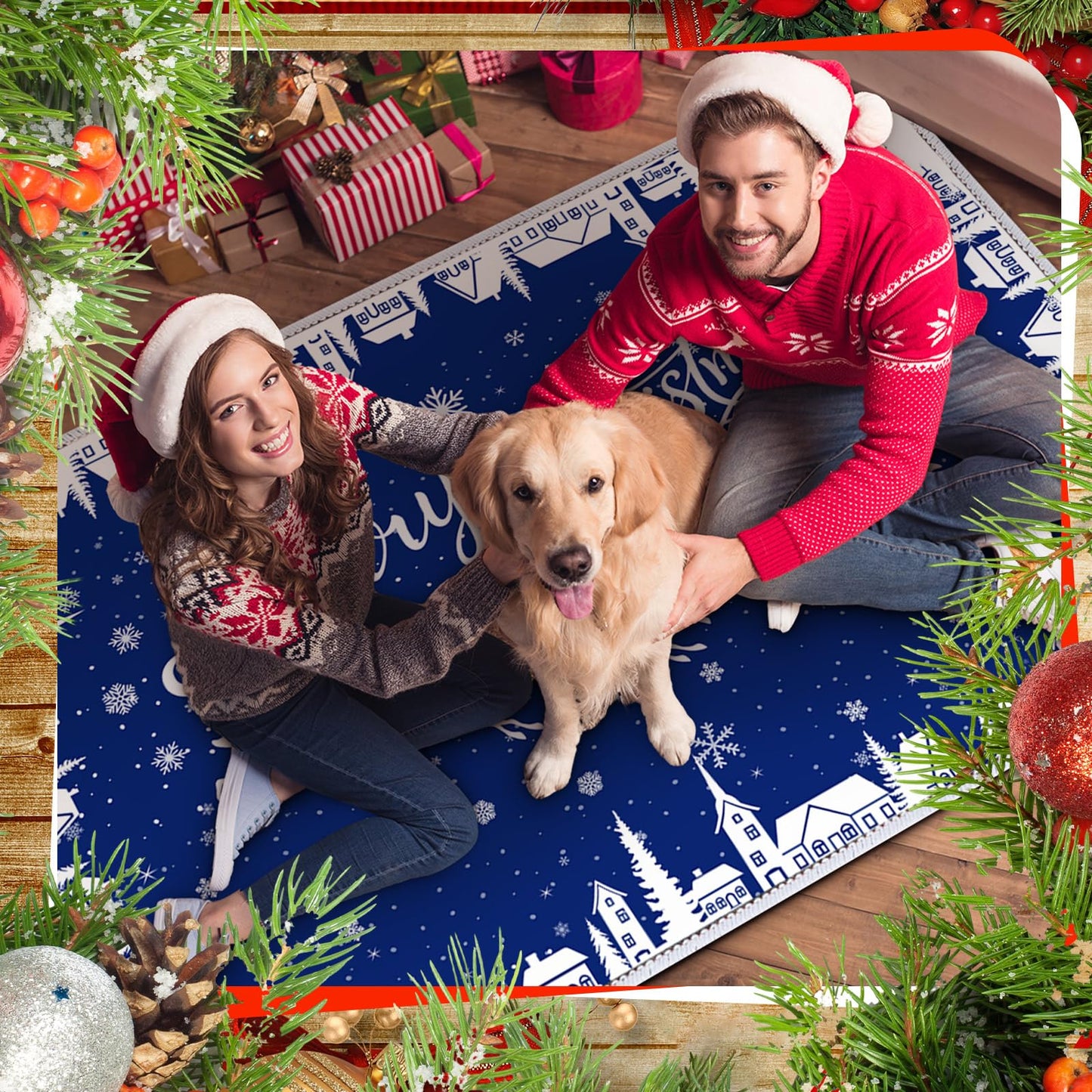 Dunzy Christmas Rug 5 x 7 ft Blue Snowflakes Merry Christmas Area Washable Rug Winter Village Xmas Non Slip Soft Indoor Decor for Kitchen Entryway Bathroom Bedroom Laundry Room