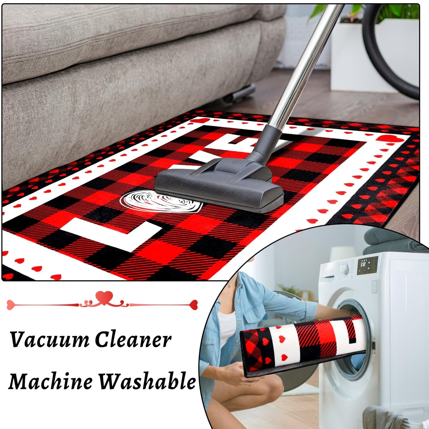 Svepndic Valentine's Day Mat 32"x48" Non Slip Holiday Floor Mat,Welcome Doormat Red Front Door Rug,Washable Entrance Door Mats Low Profile Buffalo Plaid Rug Love Heart Decorative Doormat
