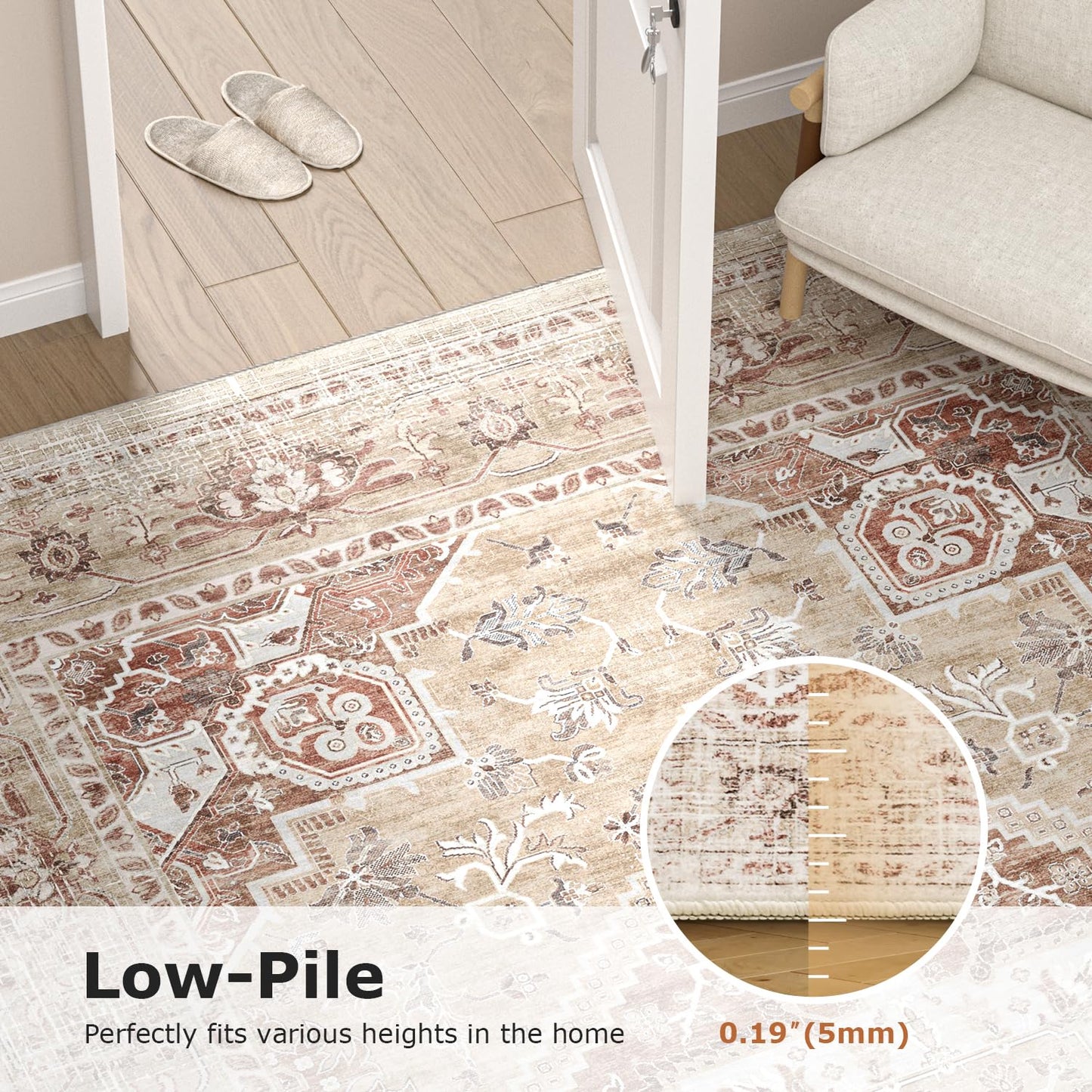 COHOME Beige Boho 6x9 Washable Rug for Under Table, Non-Slip Low Pile Area Rug for Living Room Bedroom Office, Charming Farmhouse Decor, Stain Resistant