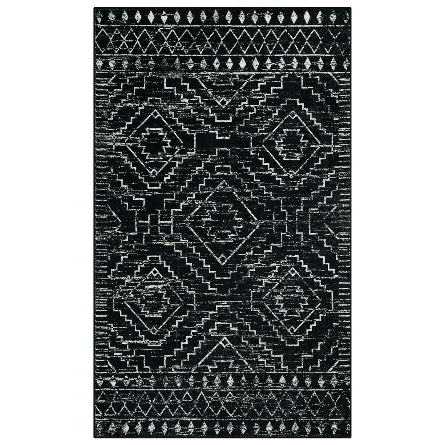 Wonnitar Moroccan 3x5 Rug, Black Washable Small Rug for Bedroom, Non-Slip Geometric Tribal Entry Throw Mat, Boho Farmhouse Rustic Soft Low Pile Area Rug for Bathroom Dining Guest Room (Black,3'x5')