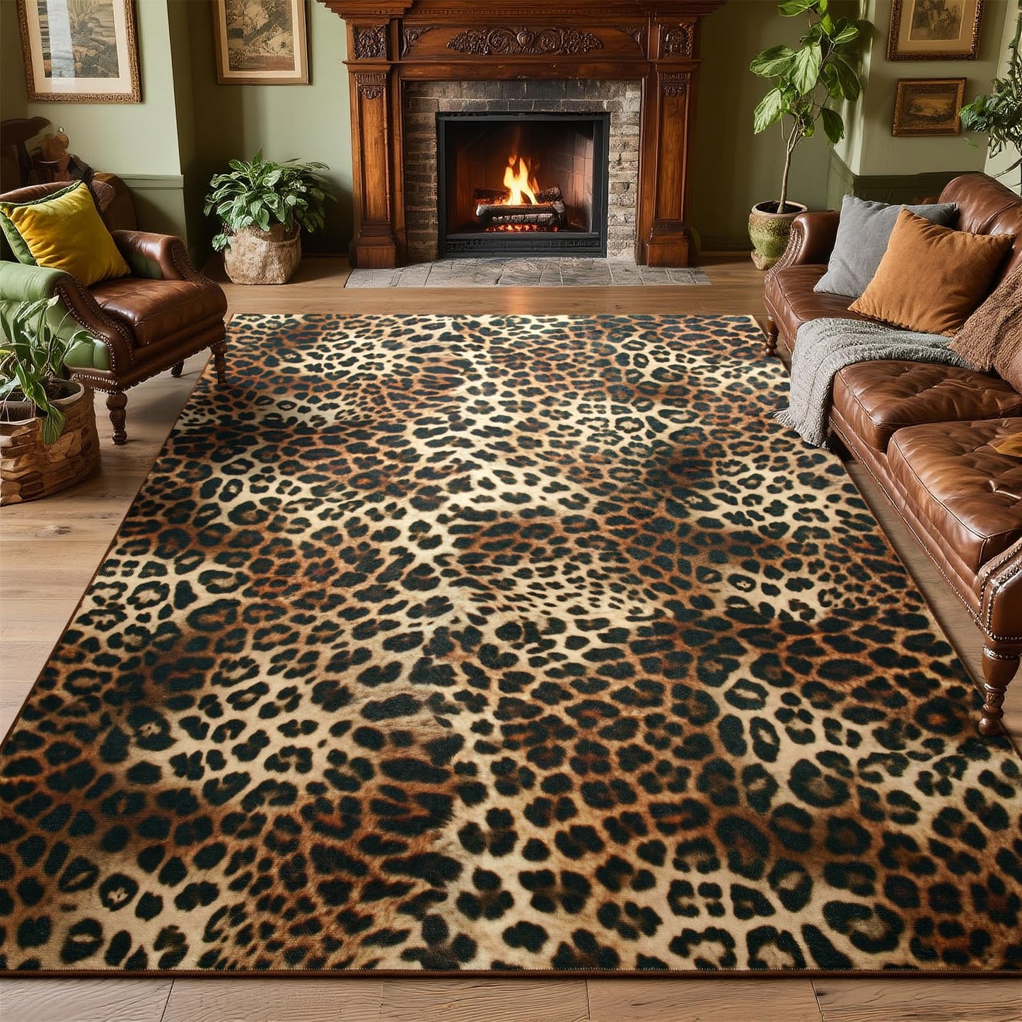 DweIke Leopard Rugs for Living Room, 6x9 Cheetah Print Rug for Bedroom Decor, Washable Non-Slip Stain Resistant Faux Animal Throw Carpet for Dining Room Office Western Home, Dark Brown