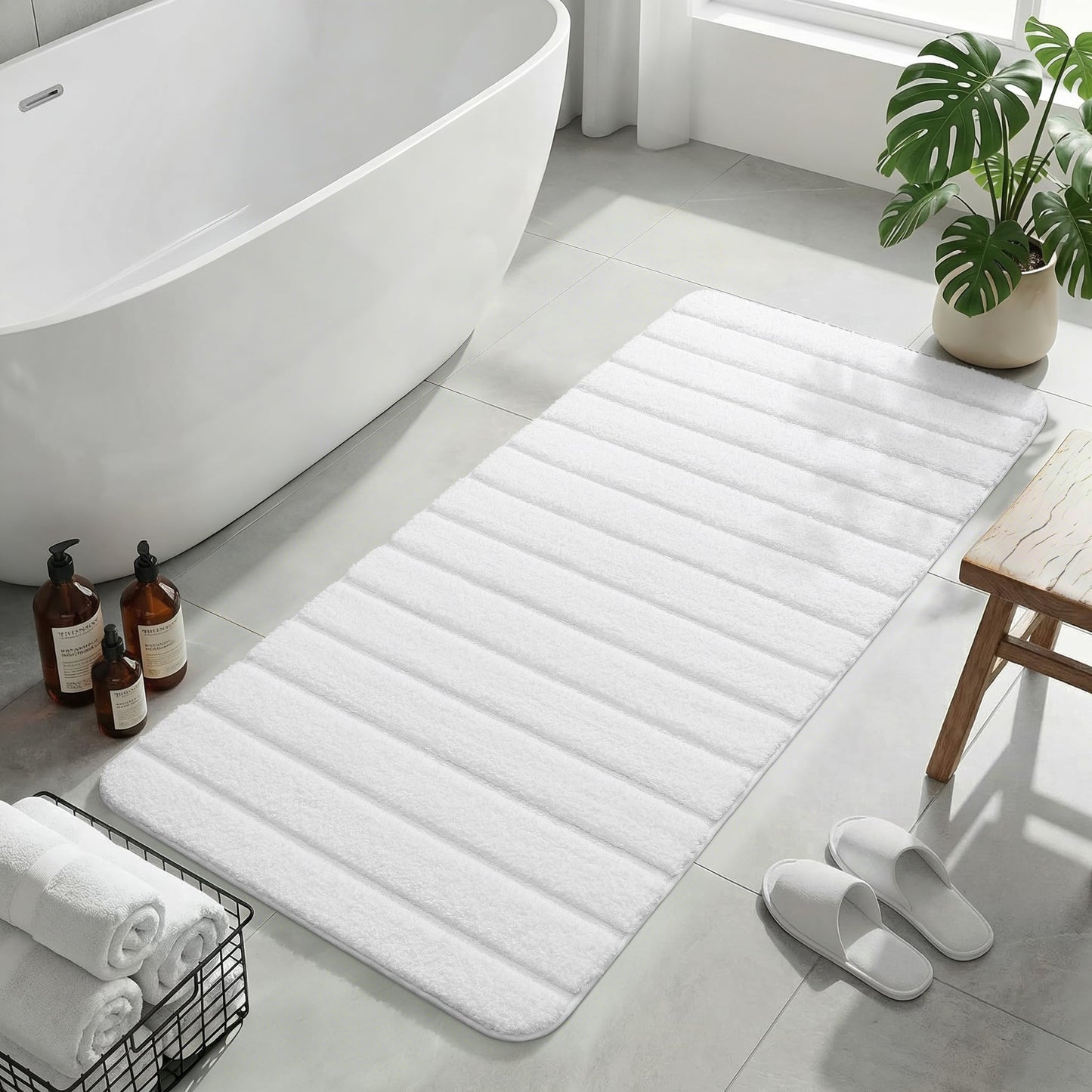 LOCHAS Long Bathroom Rugs Runner, 24" x 60" Large Bath Rug Non Slip Washable, Absorbent Microfiber Bath Mat Luxury Soft, Cozy Bathroom Runner Rug for Shower Quick Dry, White
