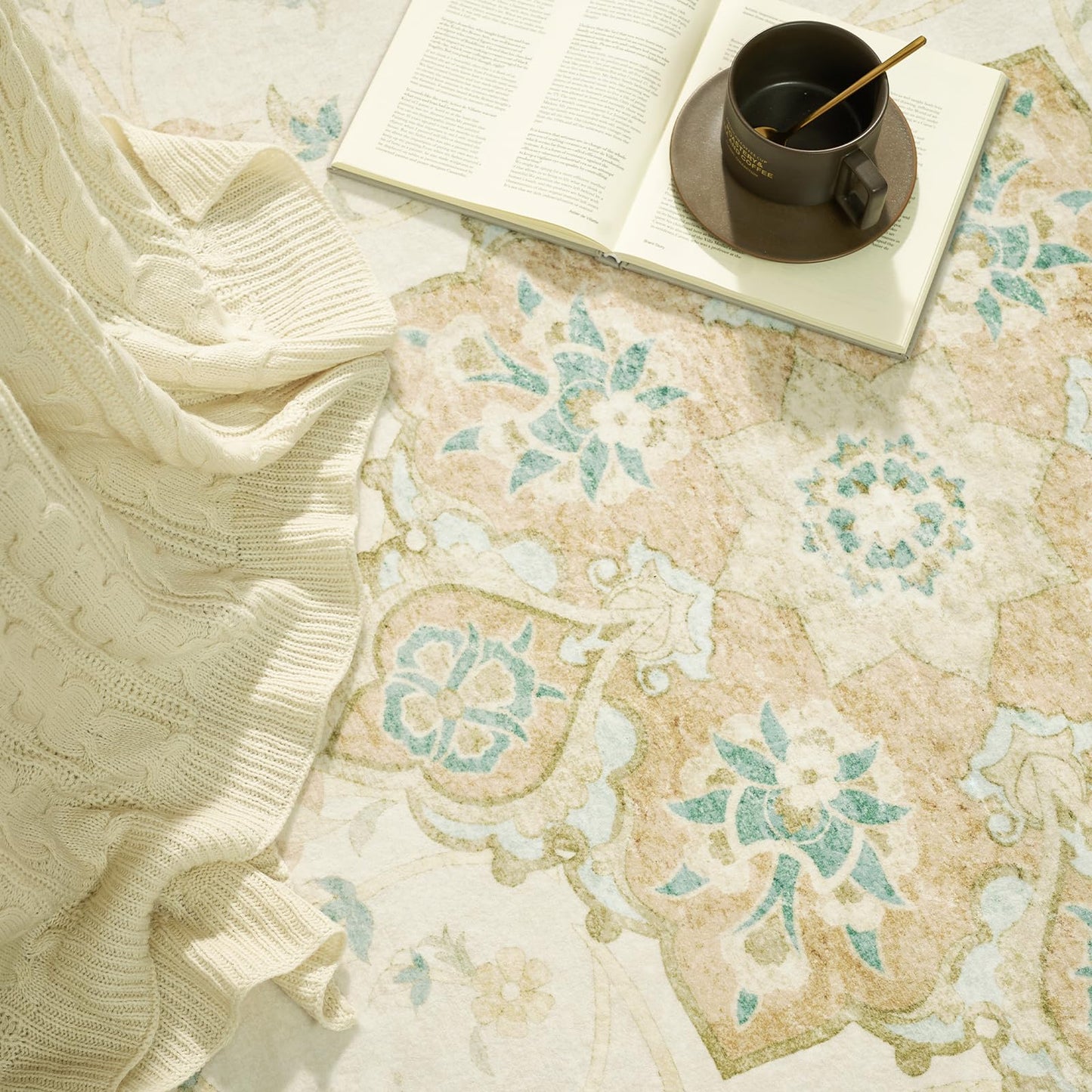 jinchan Washable Area Rug 6x9 for Living Room - Soft Thin Stain Resistant Non Slip Distressed Spring Floral Large Carpet for Bedroom Dining Room Home Office Nursery(Yellow Green/Teal, 6'x9')