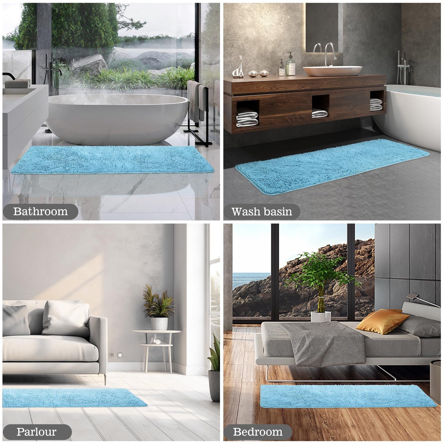 Yeaban Sky Blue Bathroom Runner Rugs 24"x72" Non Slip,Thick Chenille Long Bath Mat,Absorbent and Washable Extra Large Rug for Bathroom Floor,Tub,Shower and Sink